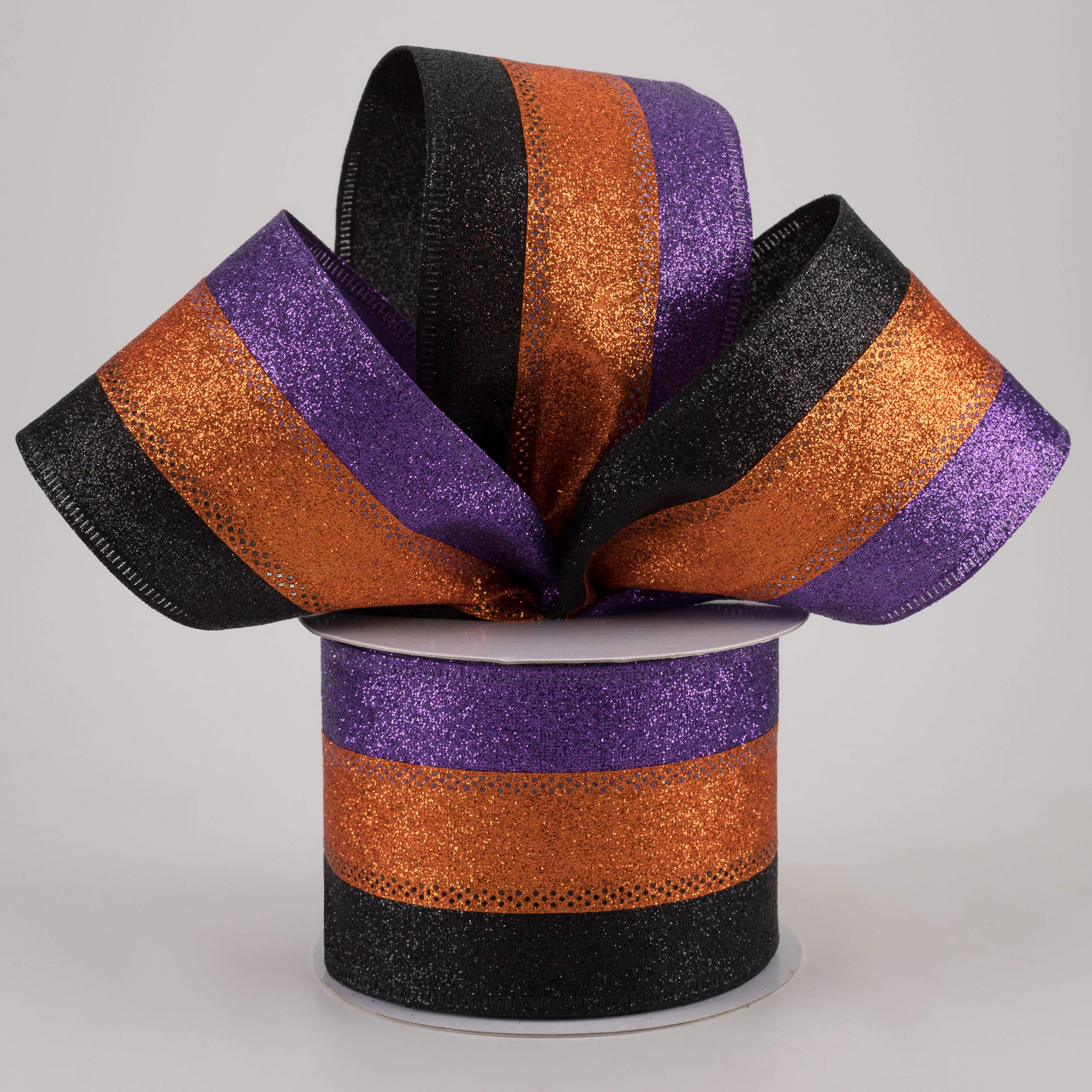 2.5" Shimmer Glitter Stripe Ribbon: Purple, Orange, Black (10 Yards)