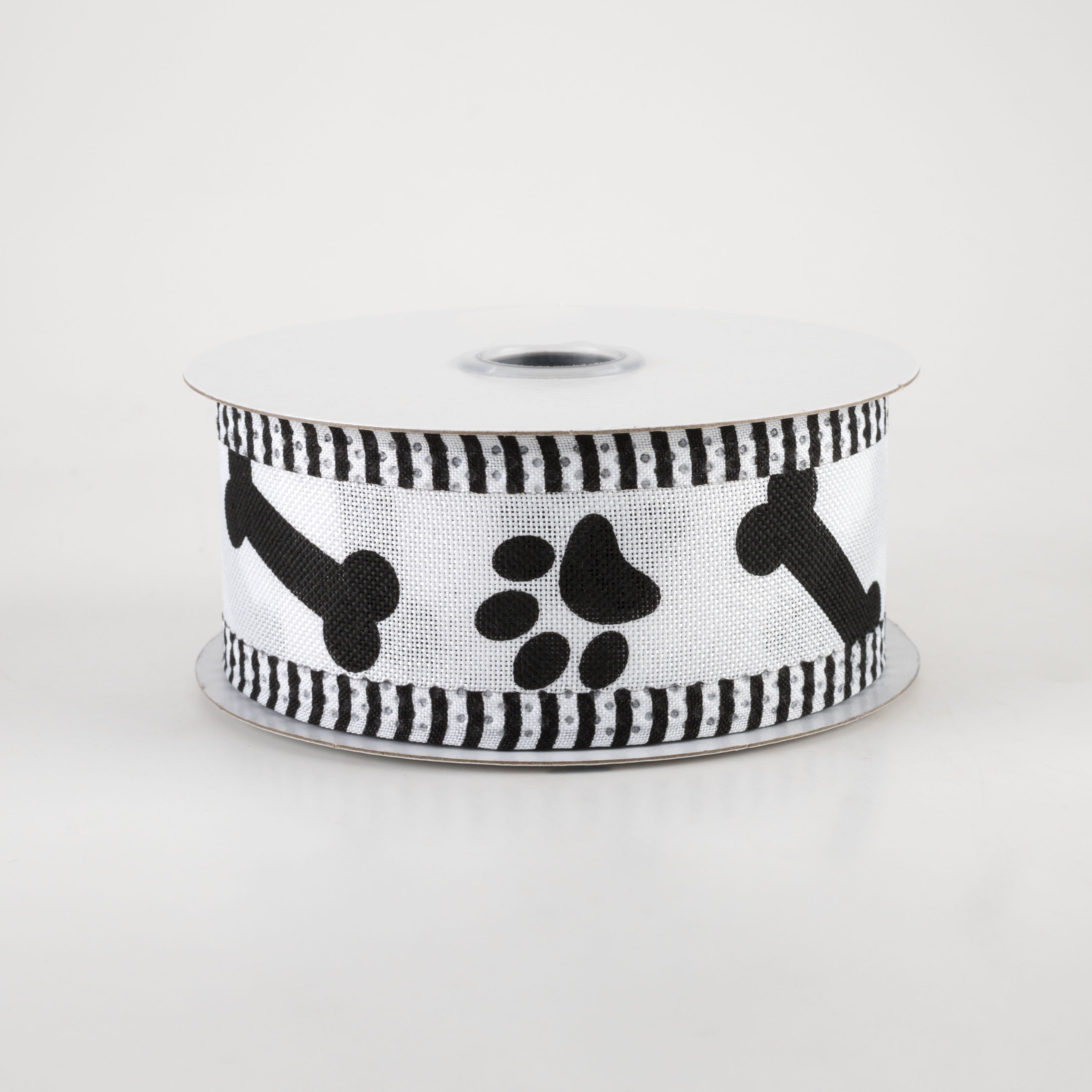1.5" Paw Prints & Bones Thin Stripe Edge Ribbon: White & Black (10 Yards)