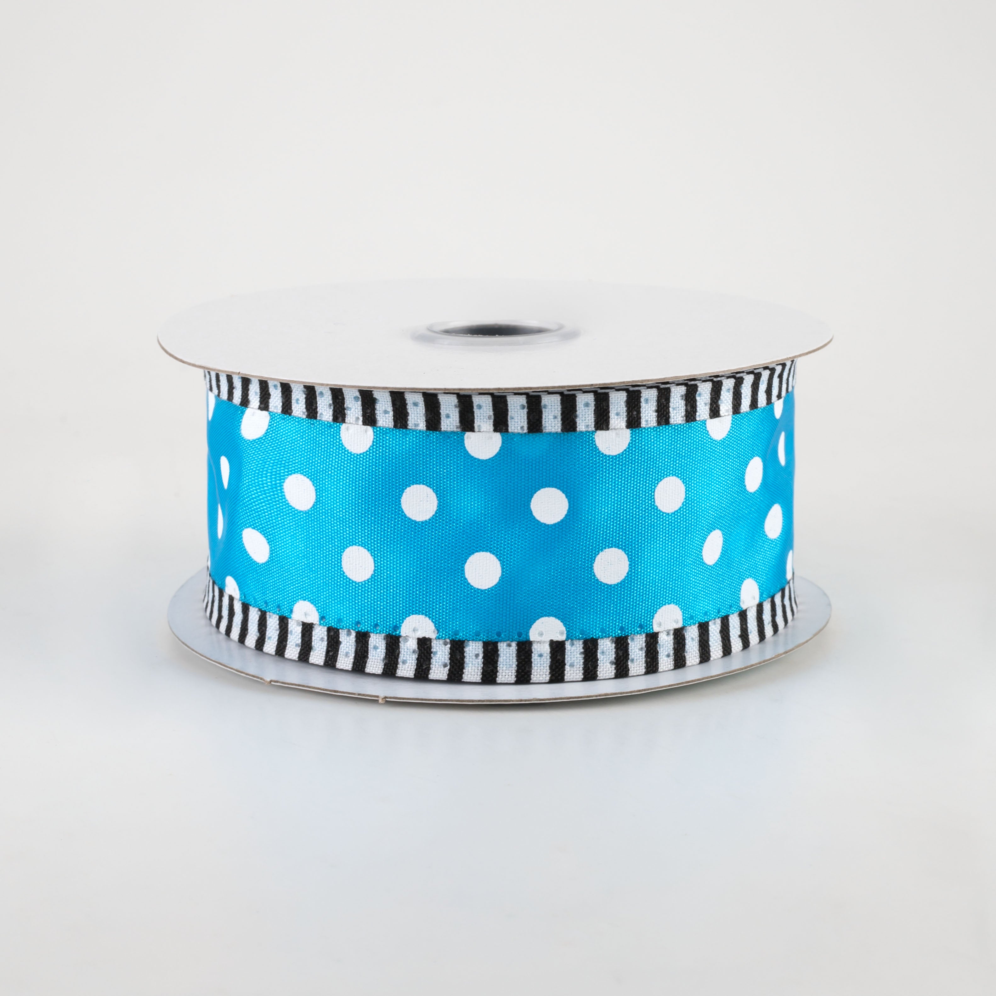1.5" Thin Stripe Edge Polka Dot Ribbon: Blue & White (10 Yards)