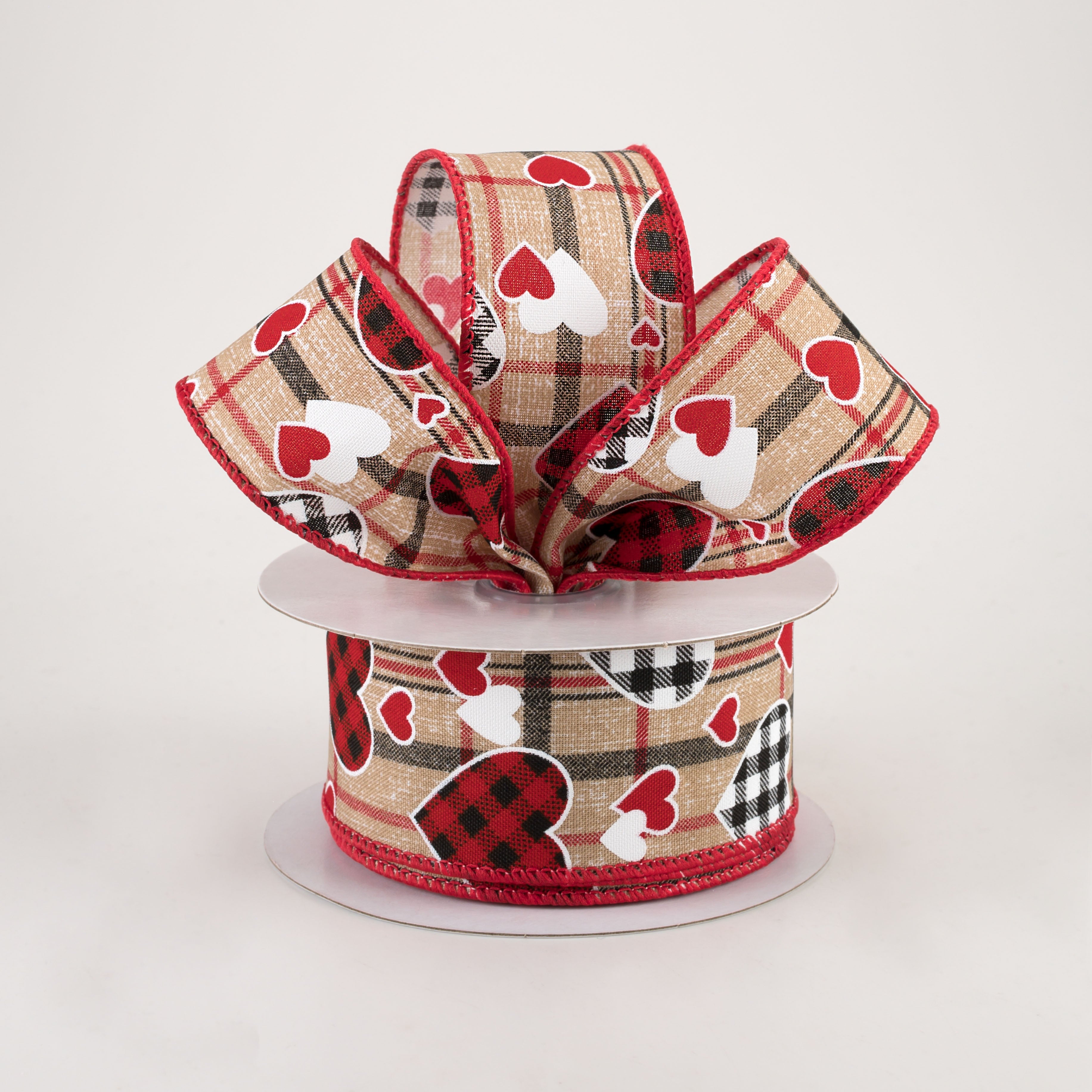1.5" Check Hearts On Plaid Ribbon: Beige (10 Yards)