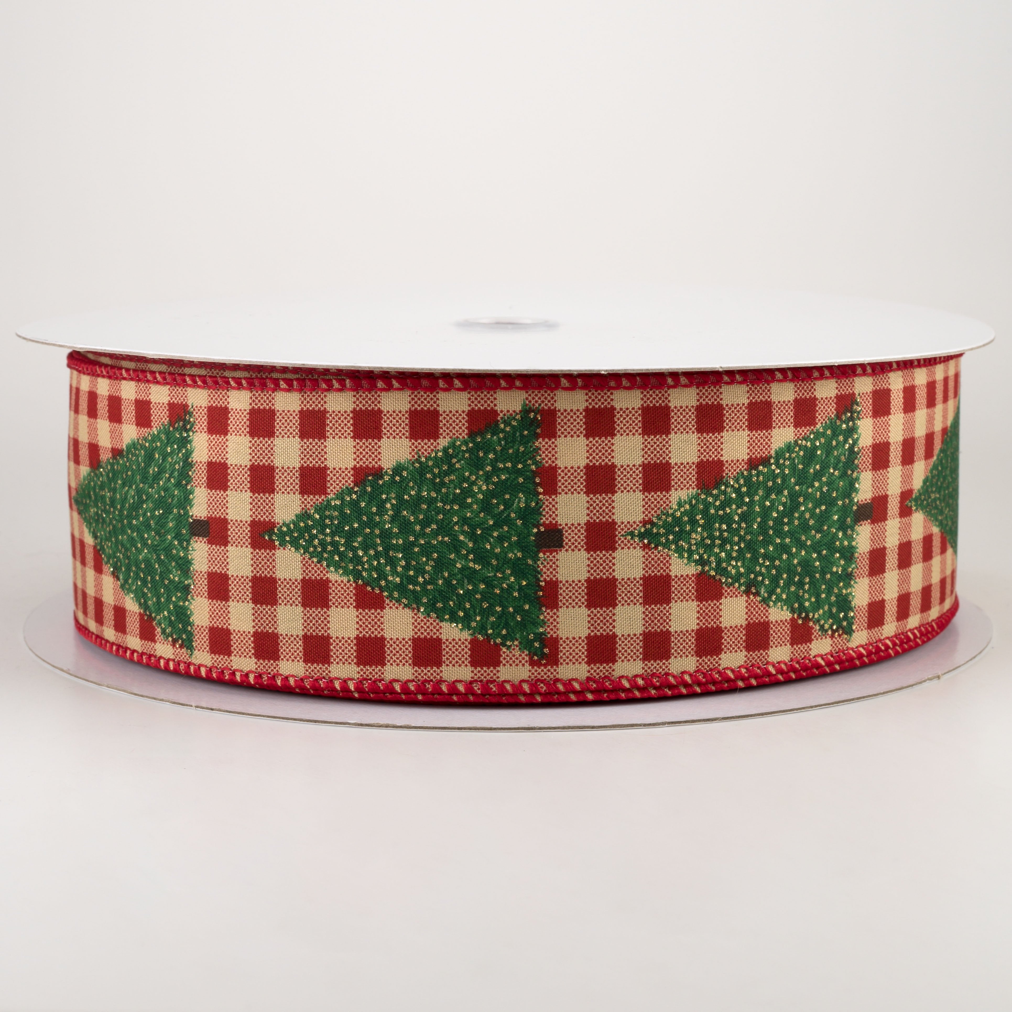 2.5" Christmas Tree Gingham Check Ribbon: Red & Tan (50 Yards)
