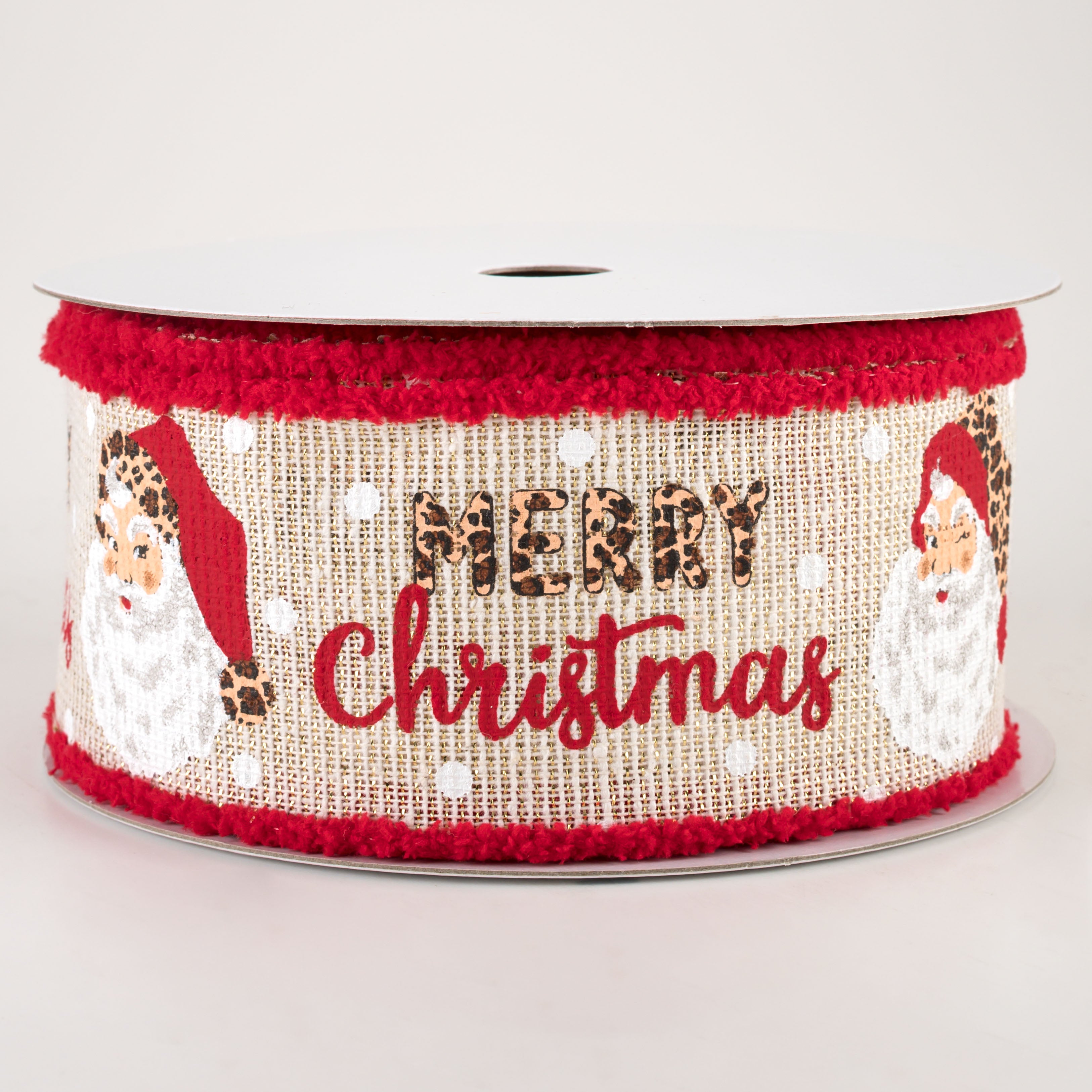 2.5" Cheetah Print Merry Christmas Santa Fuzzy Edge Ribbon: Ivory (10 Yards)