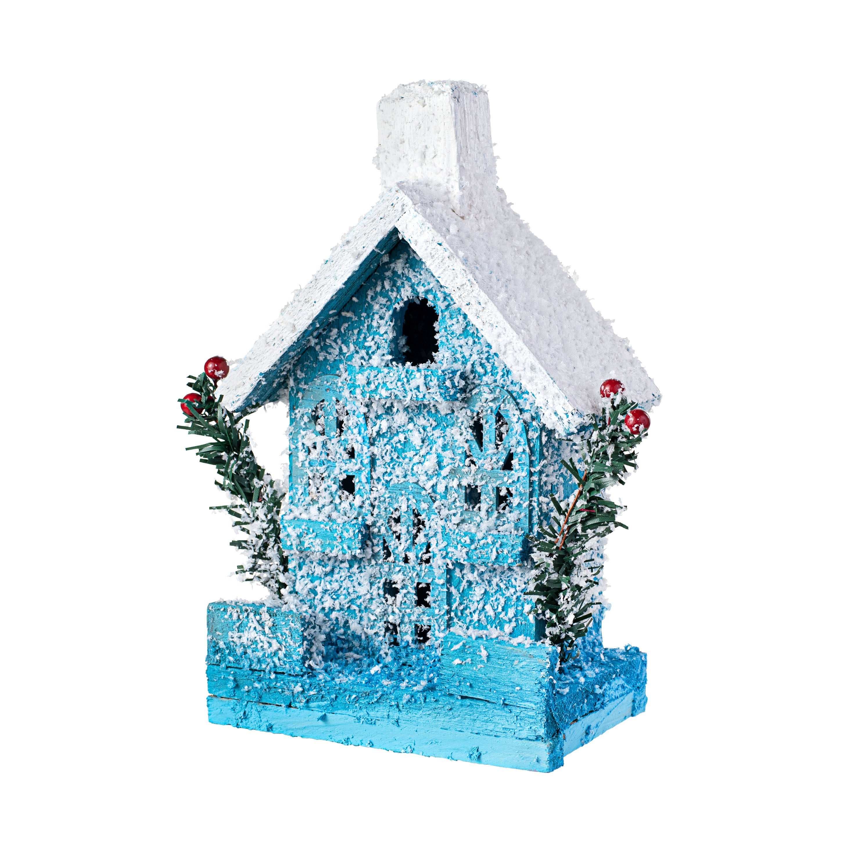 9" Light-Up Snowy Wooden House: Blue