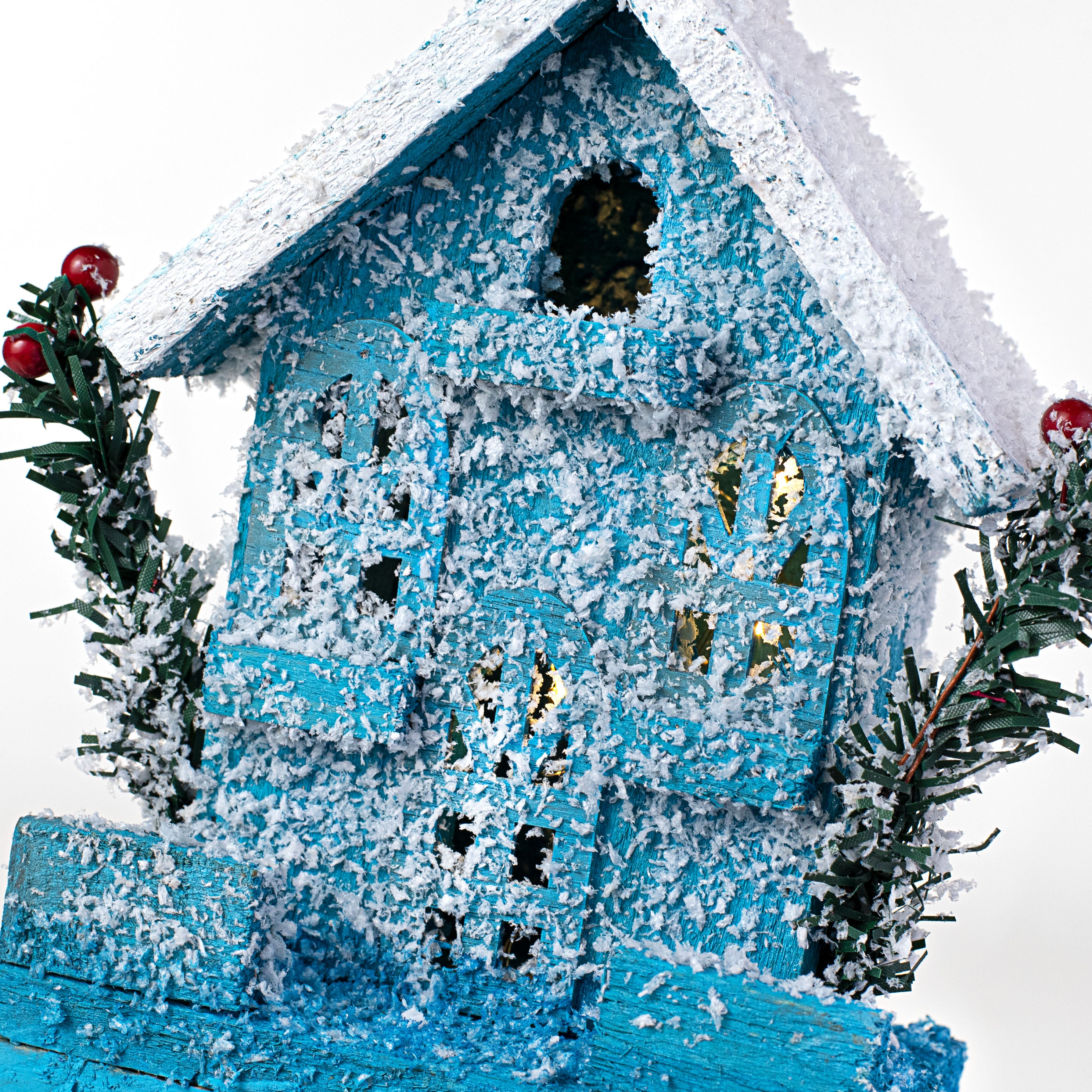 9" Light-Up Snowy Wooden House: Blue