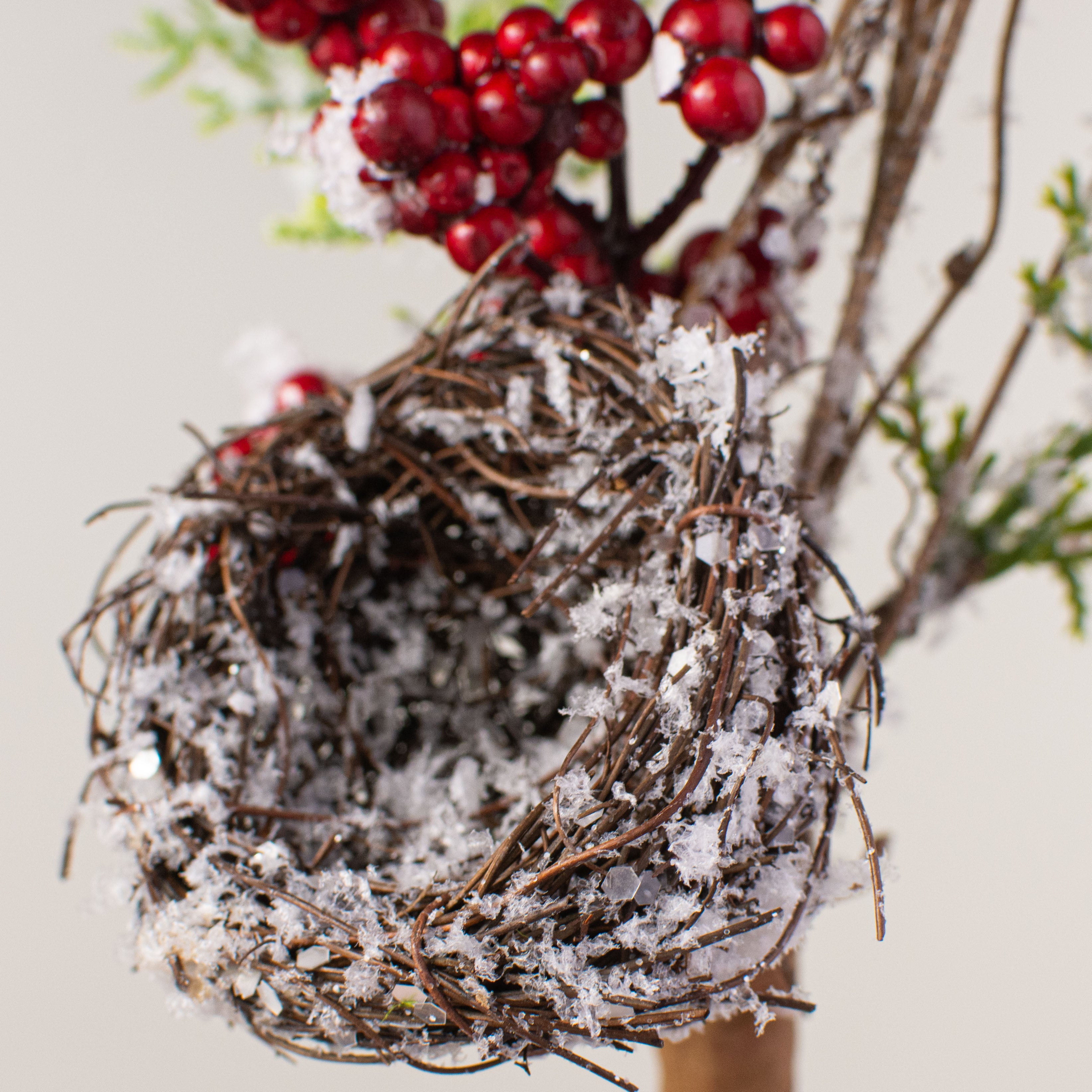 18" Snowy Berry Bird Nest Pick: Red