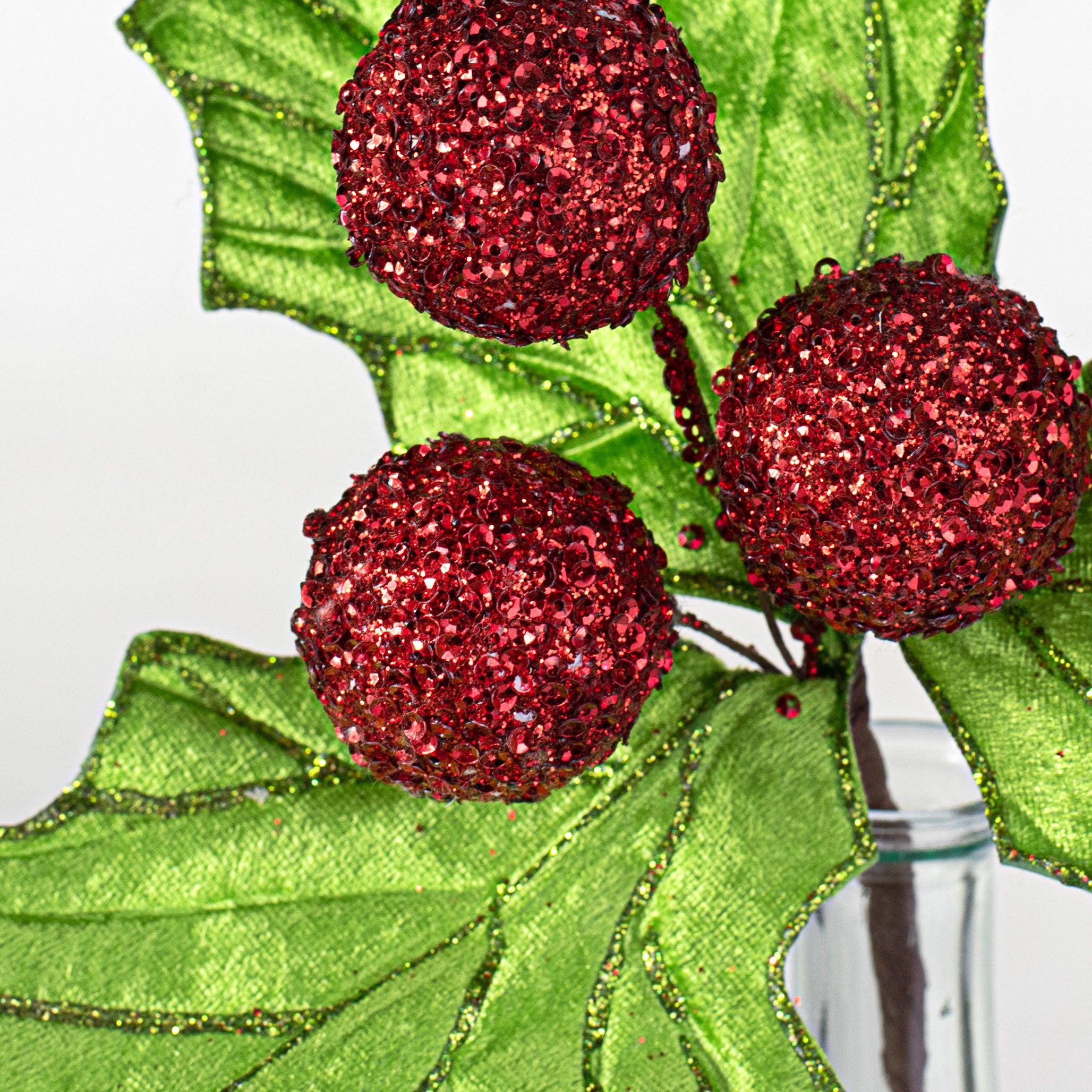 13" Velvet Holly Leaf Pick: Red & Green