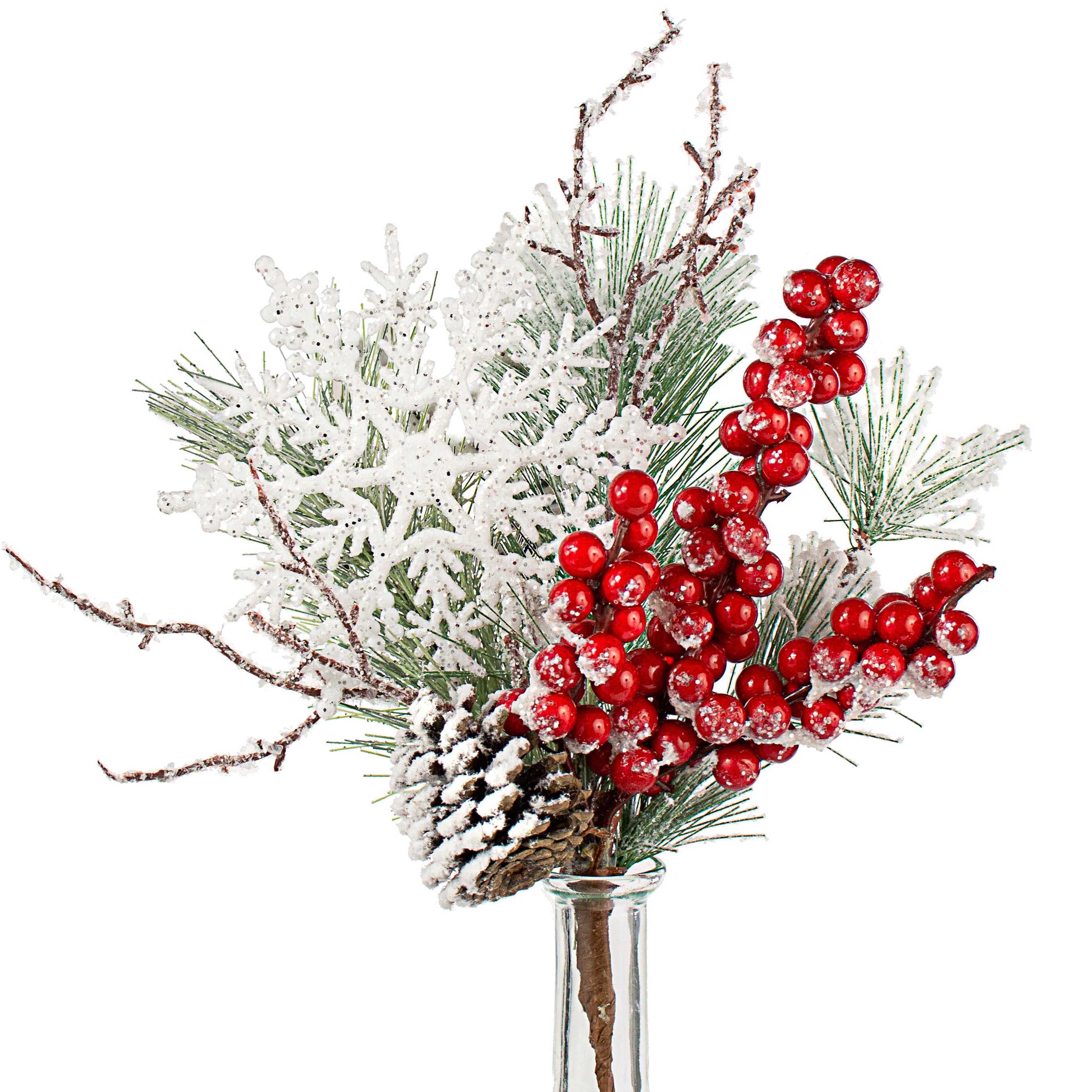 16" Snowflake, Berry, Flocked Pine Pick