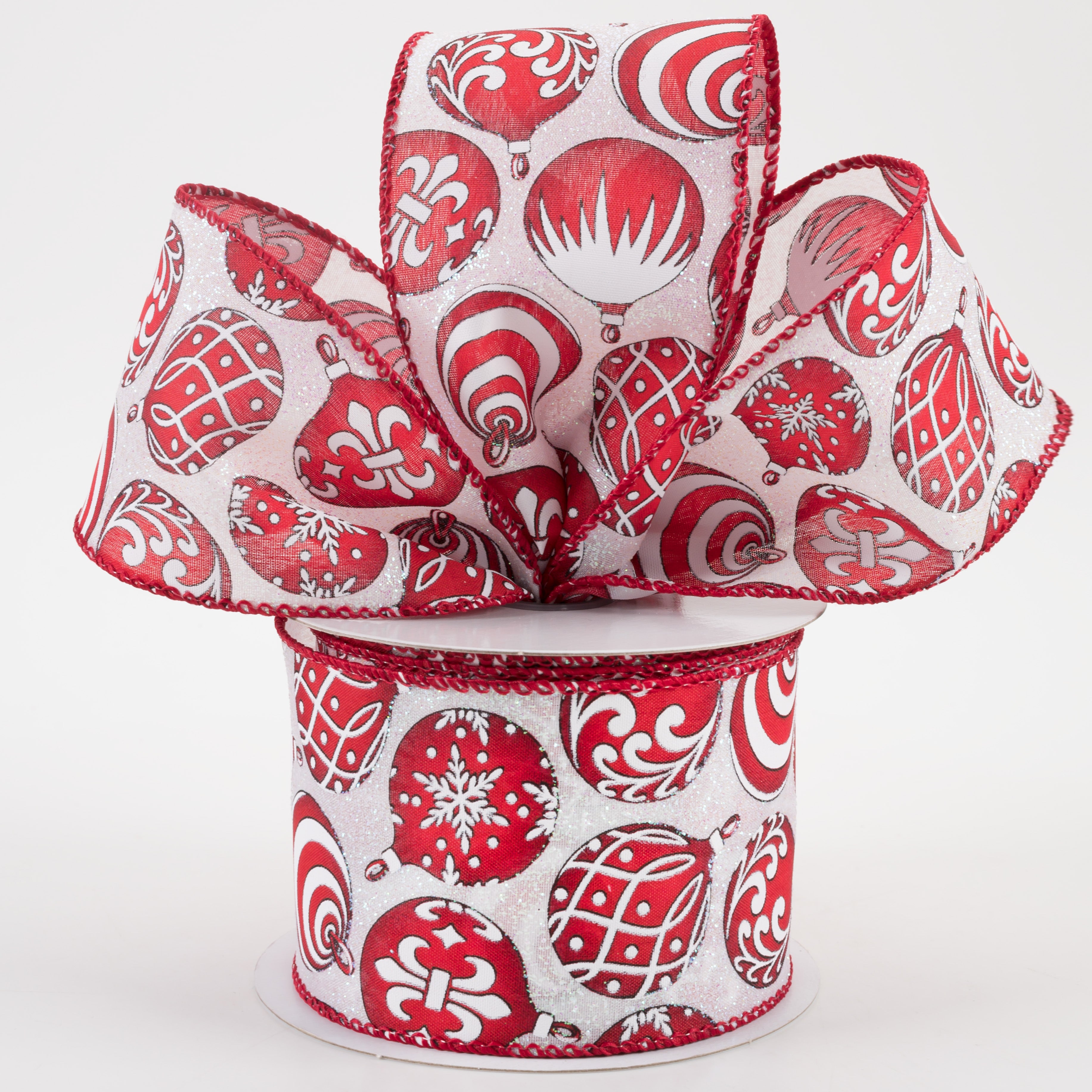 2.5" Red & White Ornaments on Iridescent Ribbon (10 yards)