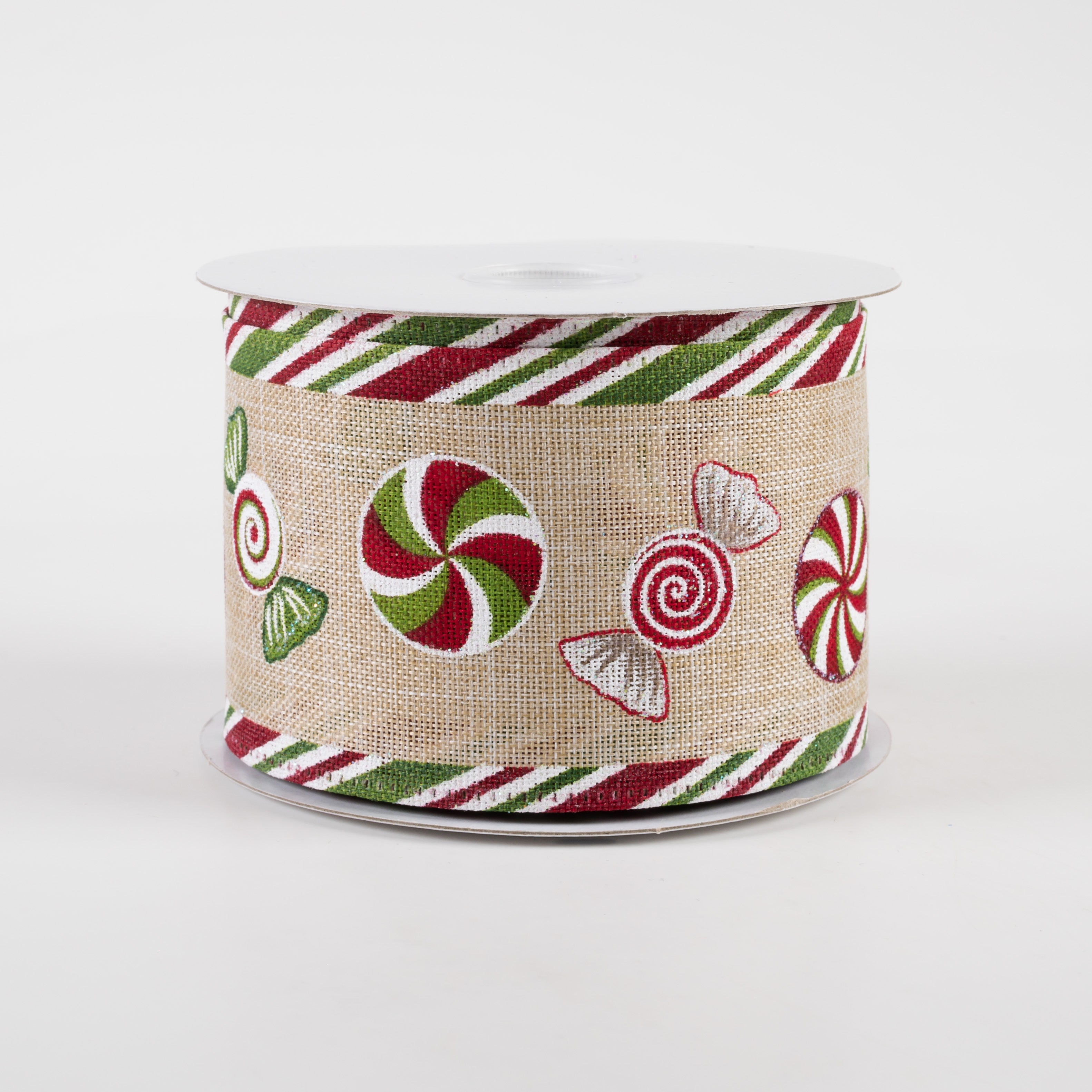 2.5" Christmas Candy Edge Linen Ribbon: Natural, Green, Red (10 Yards)