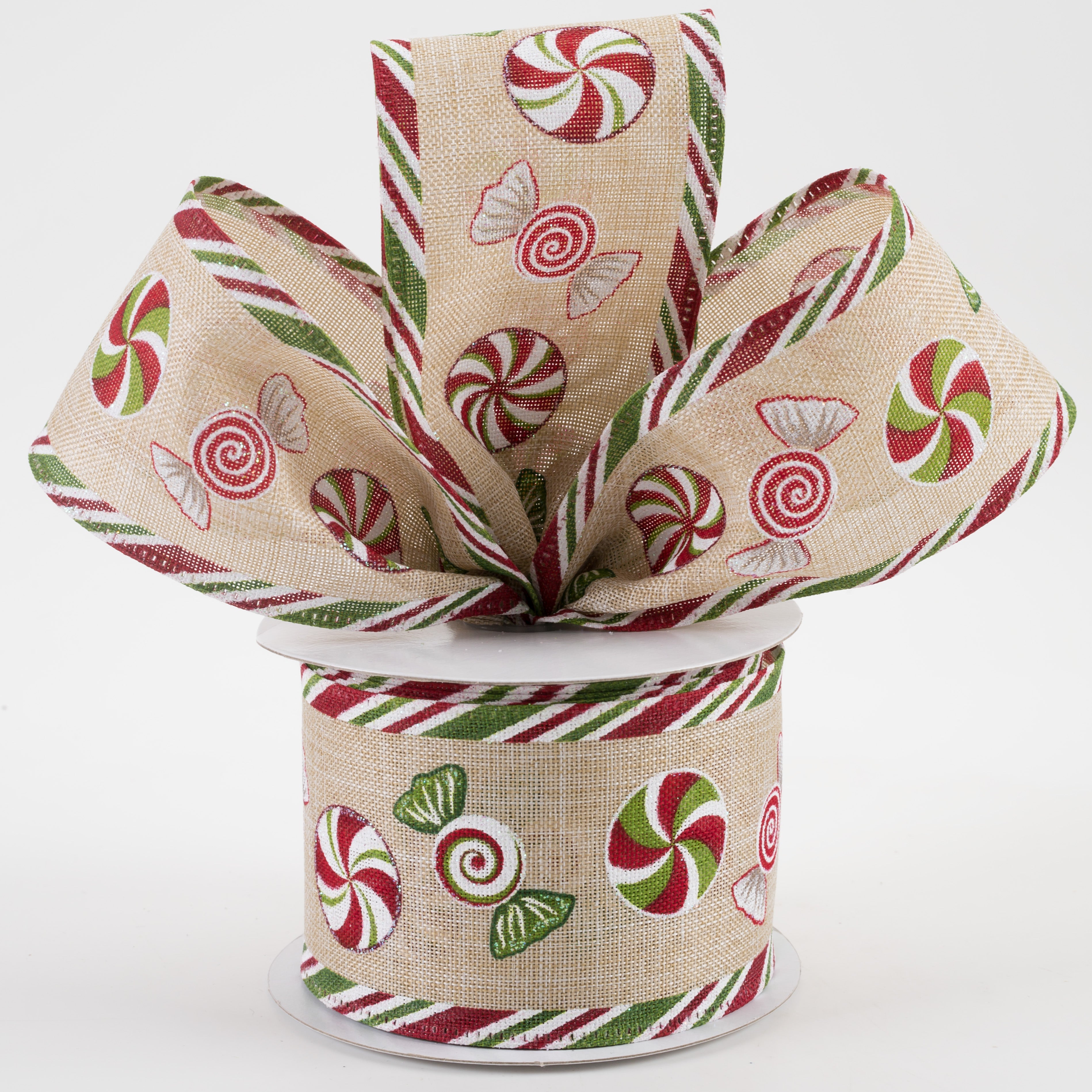 2.5" Christmas Candy Edge Linen Ribbon: Natural, Green, Red (10 Yards)