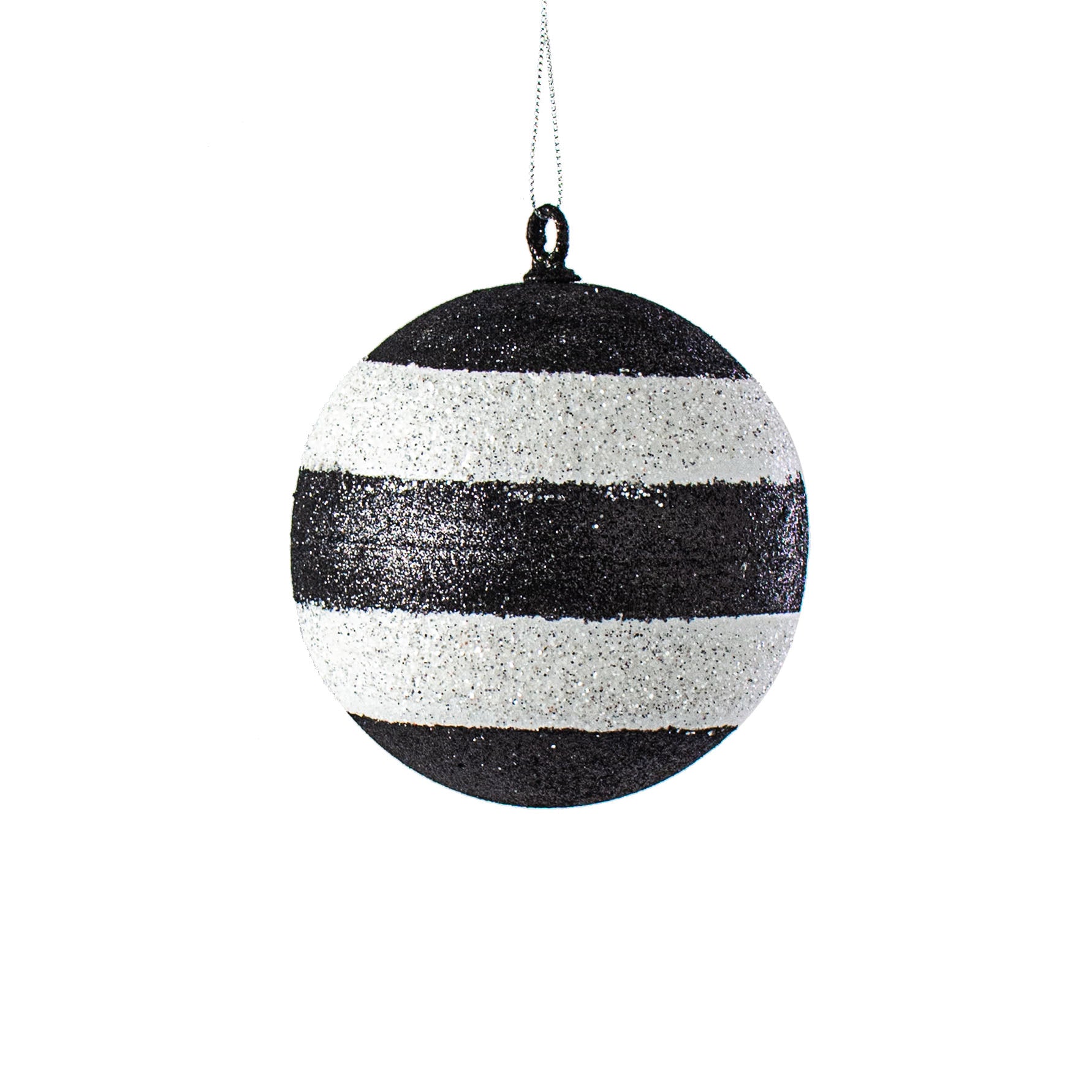 4" Black & White Glitter Stripe Ball Ornament