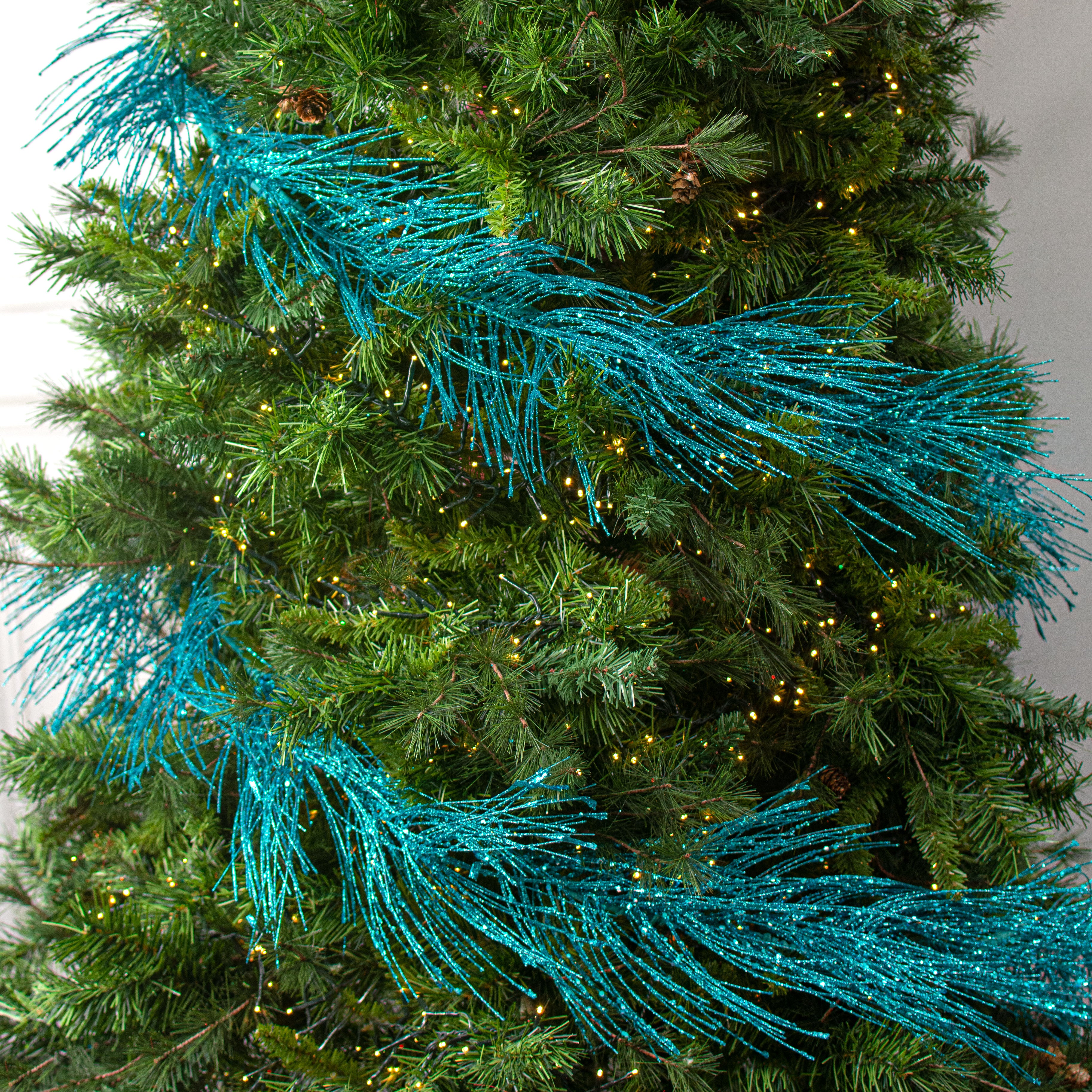 5' Glittered Pine Garland: Turquoise
