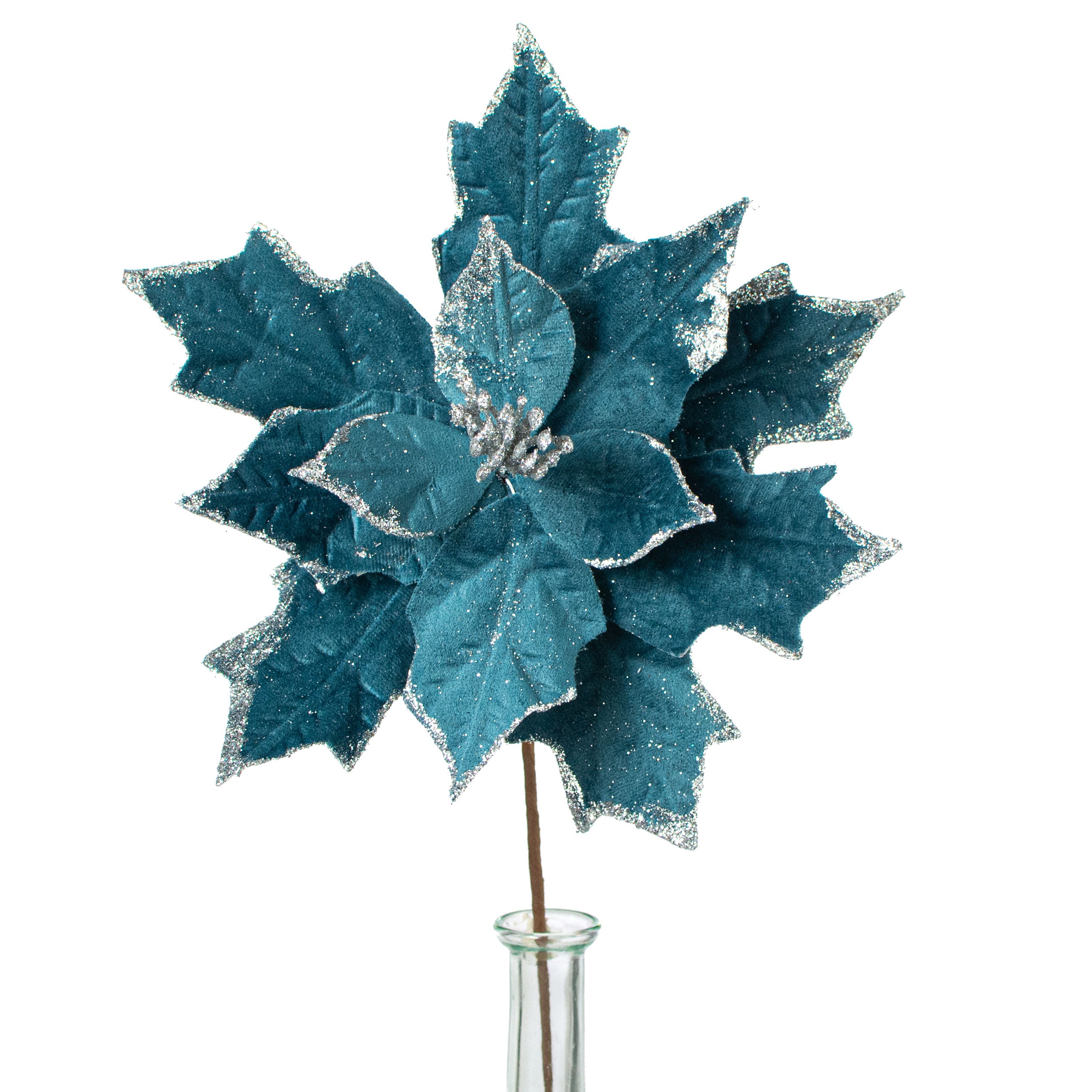 12" Poinsettia Stem: Teal Blue