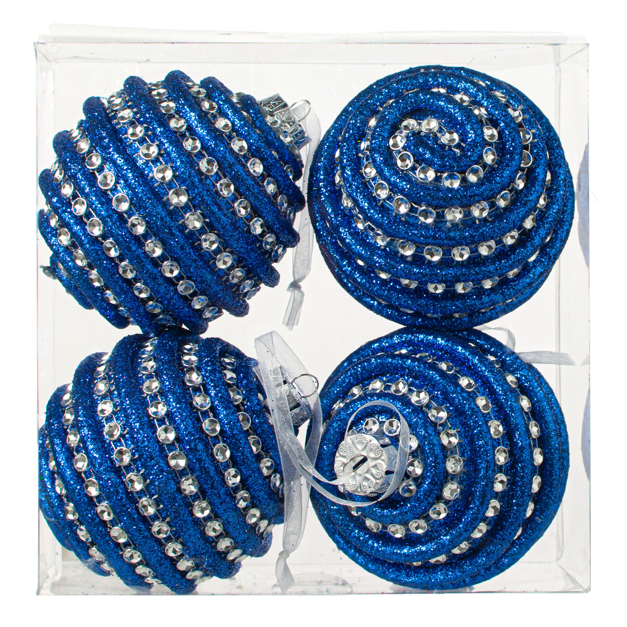 4" Jewel Ball Ornament: Blue & Silver (Box of 4)