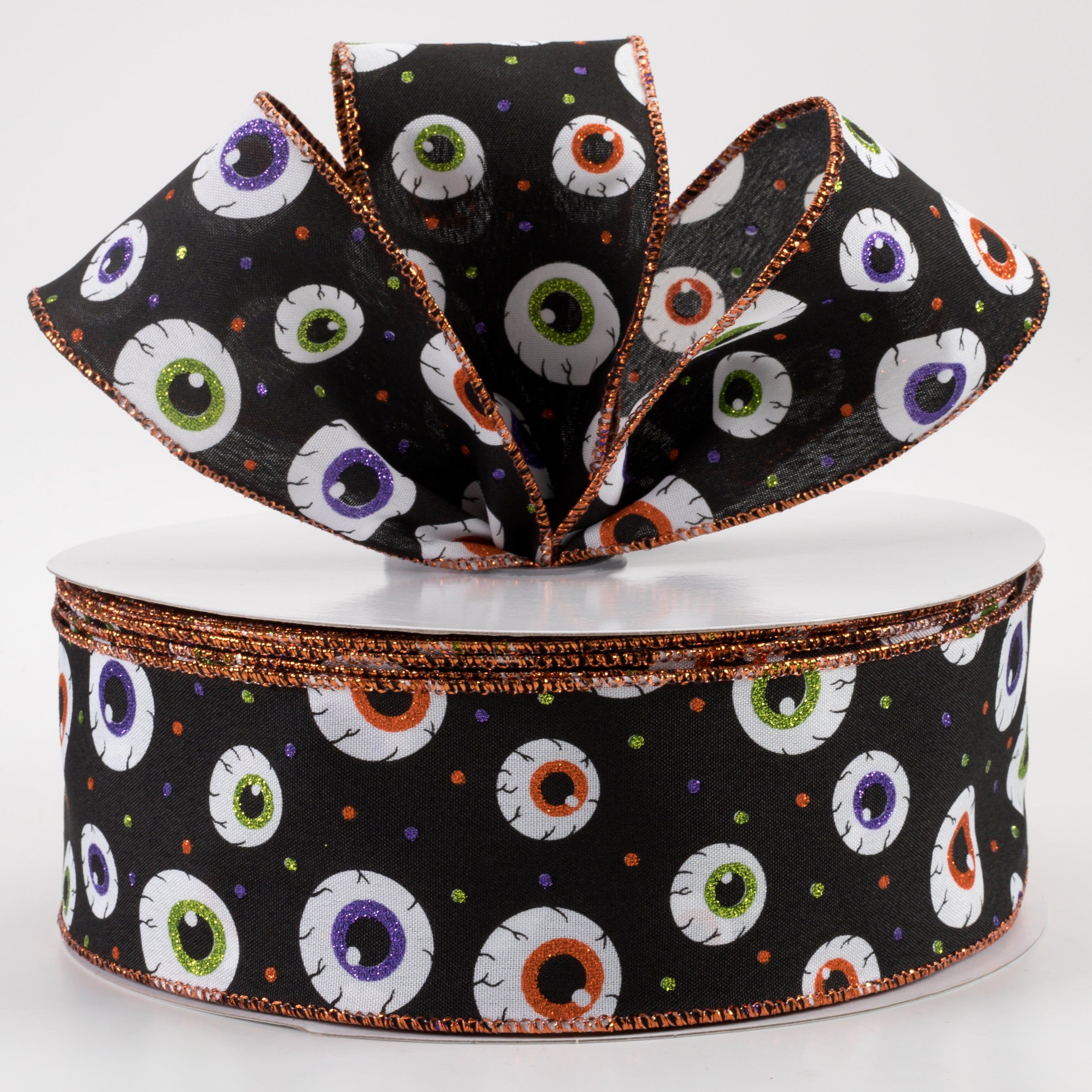 2.5" Eyeballs Ribbon: Black, Purple, Lime, Orange (50 Yards)