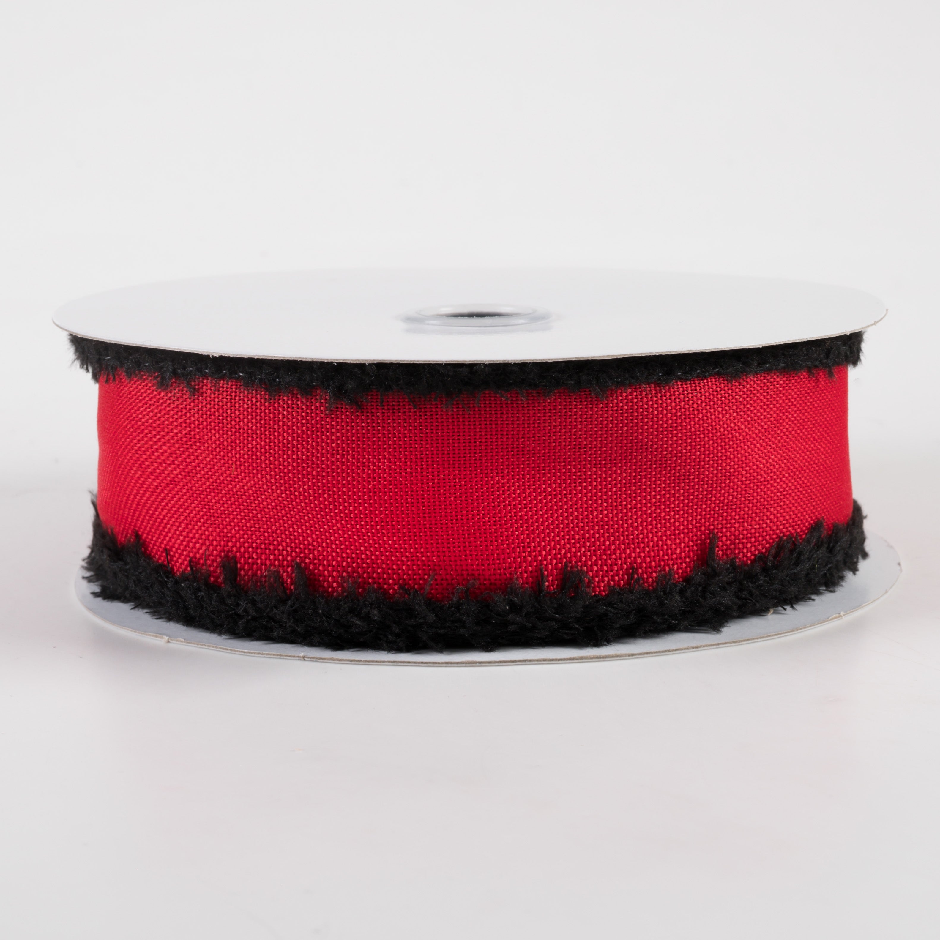 1.5" Faux Burlap Fuzzy Edge Ribbon: Red & Black (10 Yards)