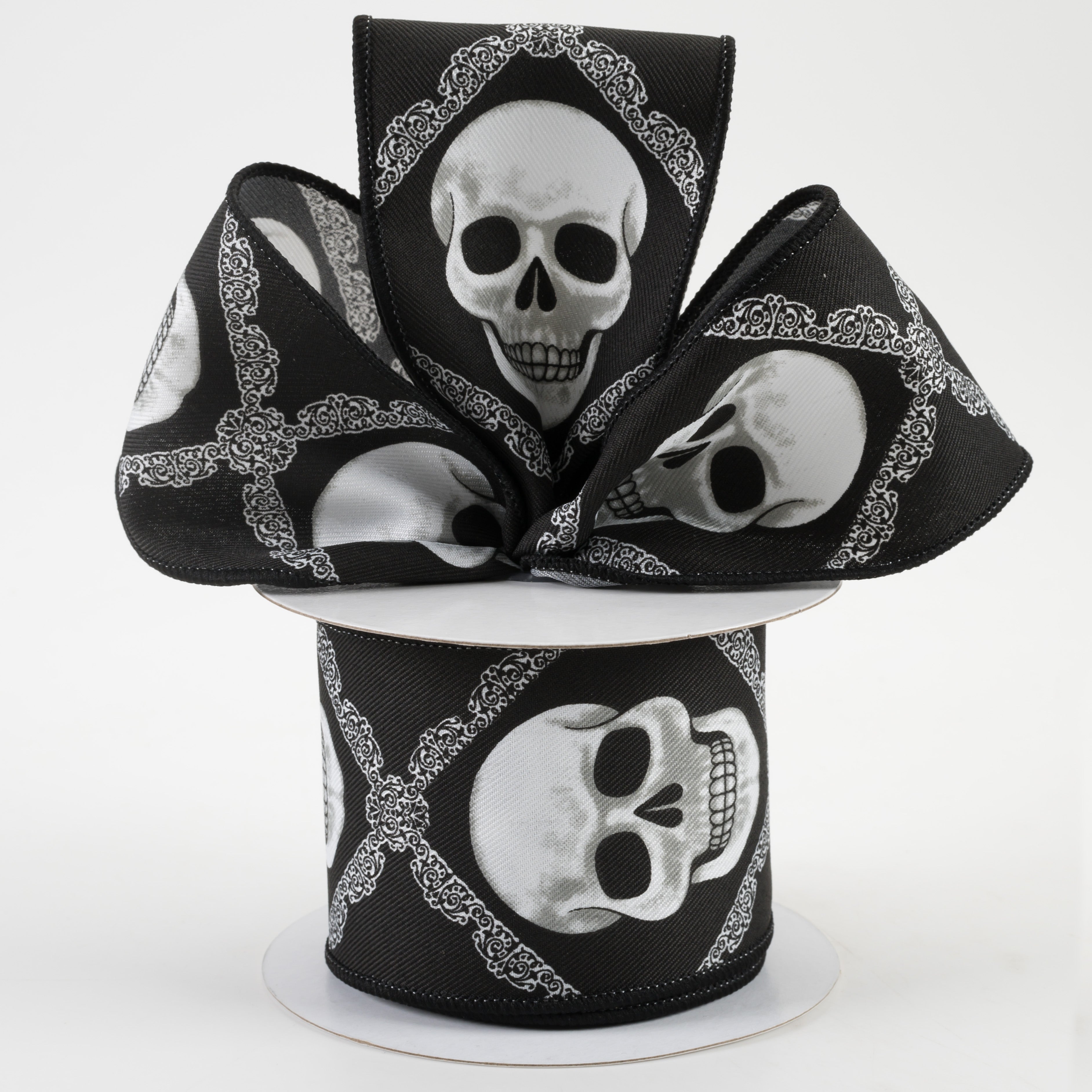 2.5" Skulls Diagonal Weave Ribbon: Black & White (10 Yards)