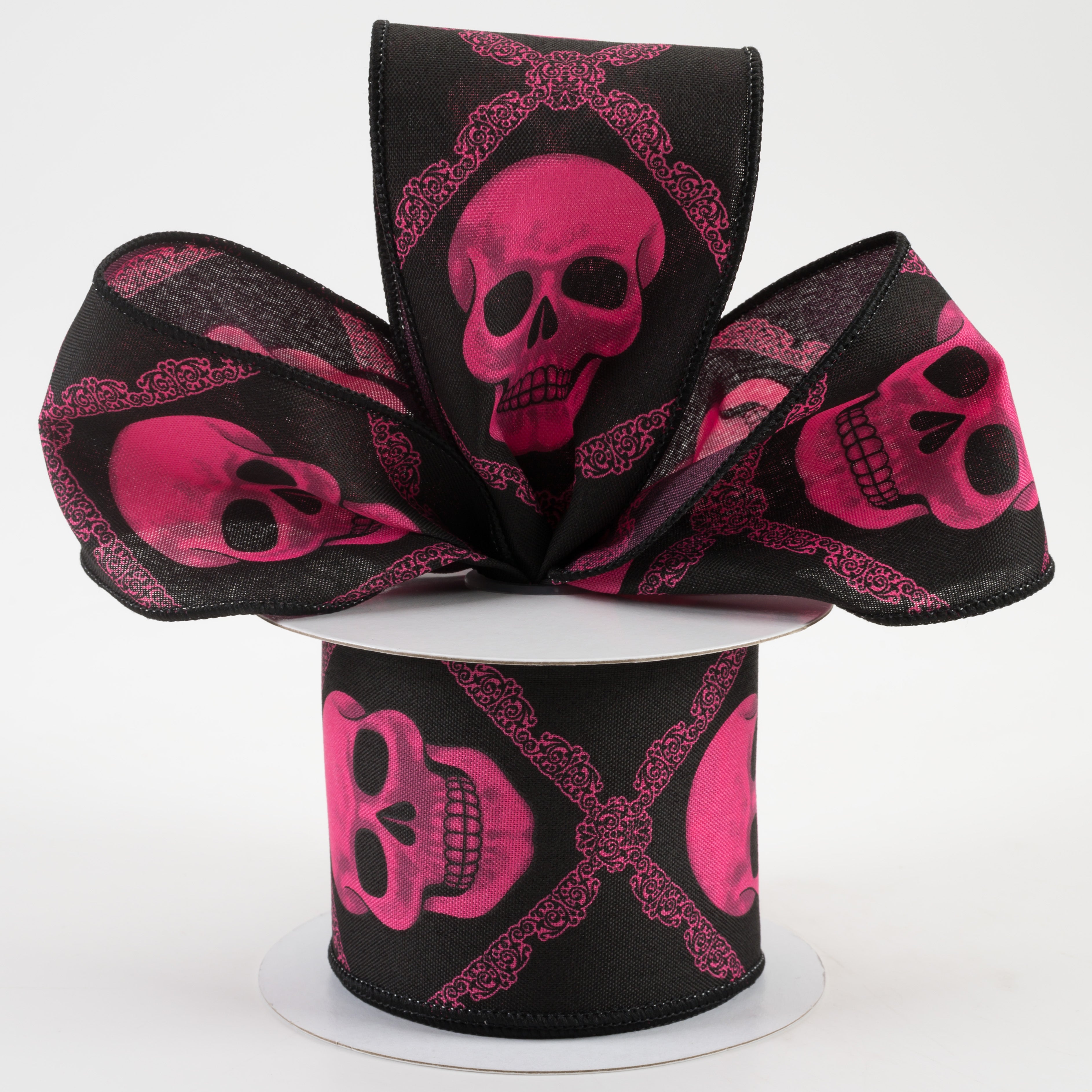 2.5" Skulls Ribbon: Black & Hot Pink (10 Yards)