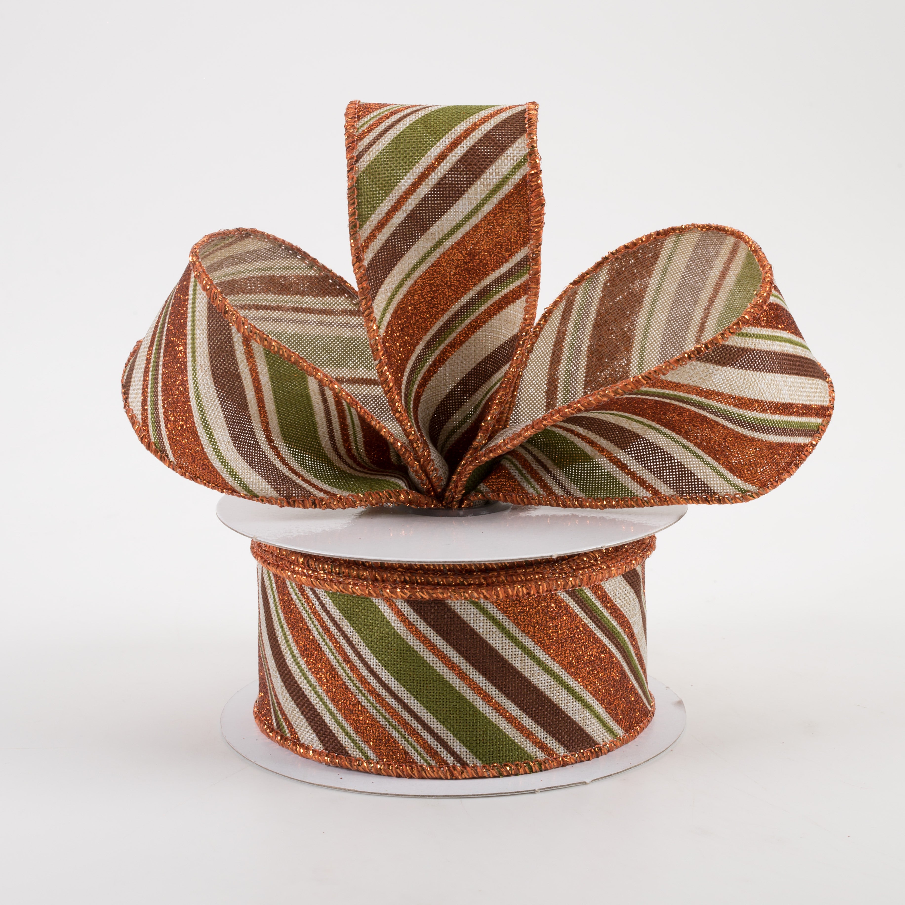 1.5" Diagonal Glitter Stripe Ribbon: Light Natural, Moss, Brown, Orange (10 Yards)