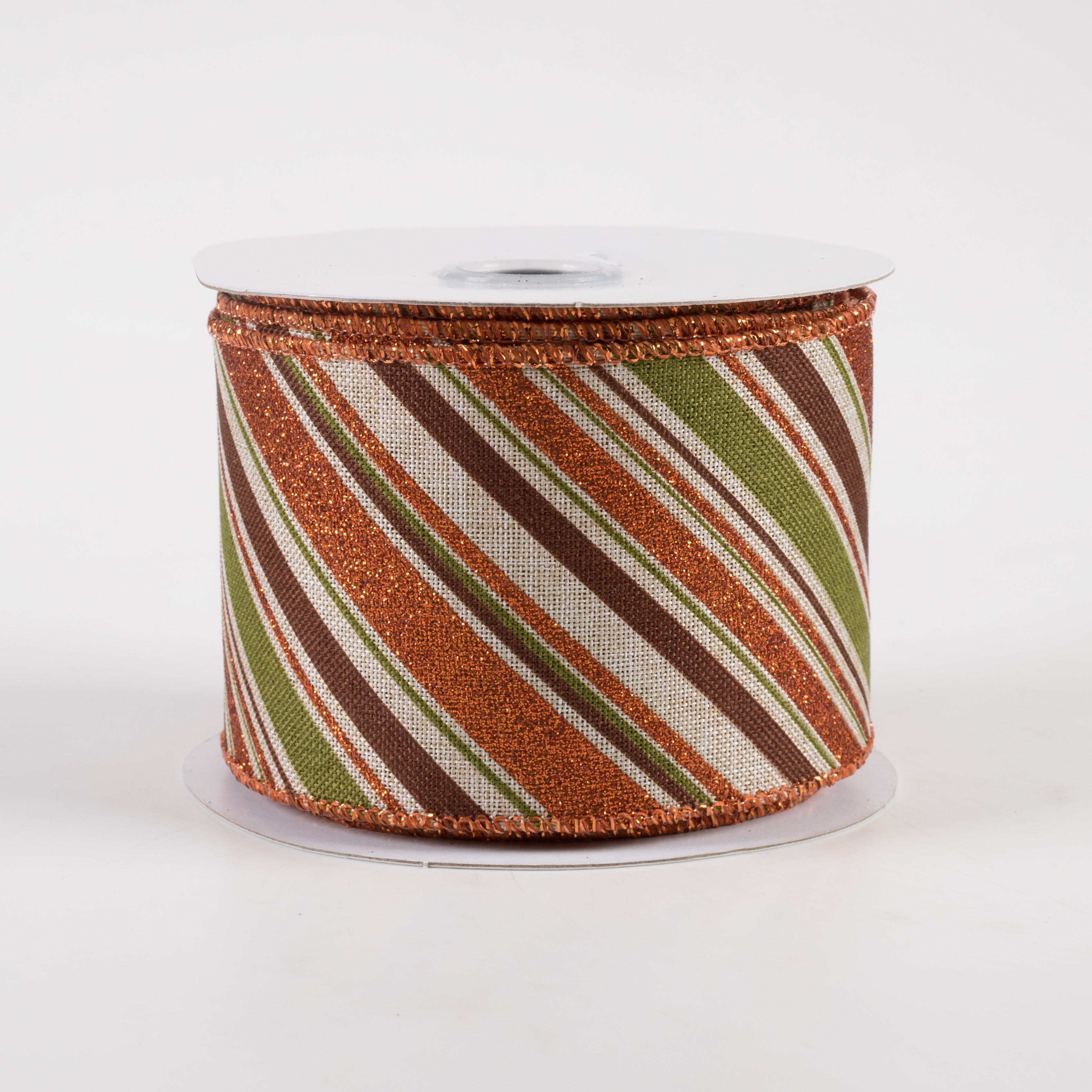 2.5" Diagonal Glitter Stripe Ribbon: Light Natural, Moss, Brown, Orange (10 Yards)