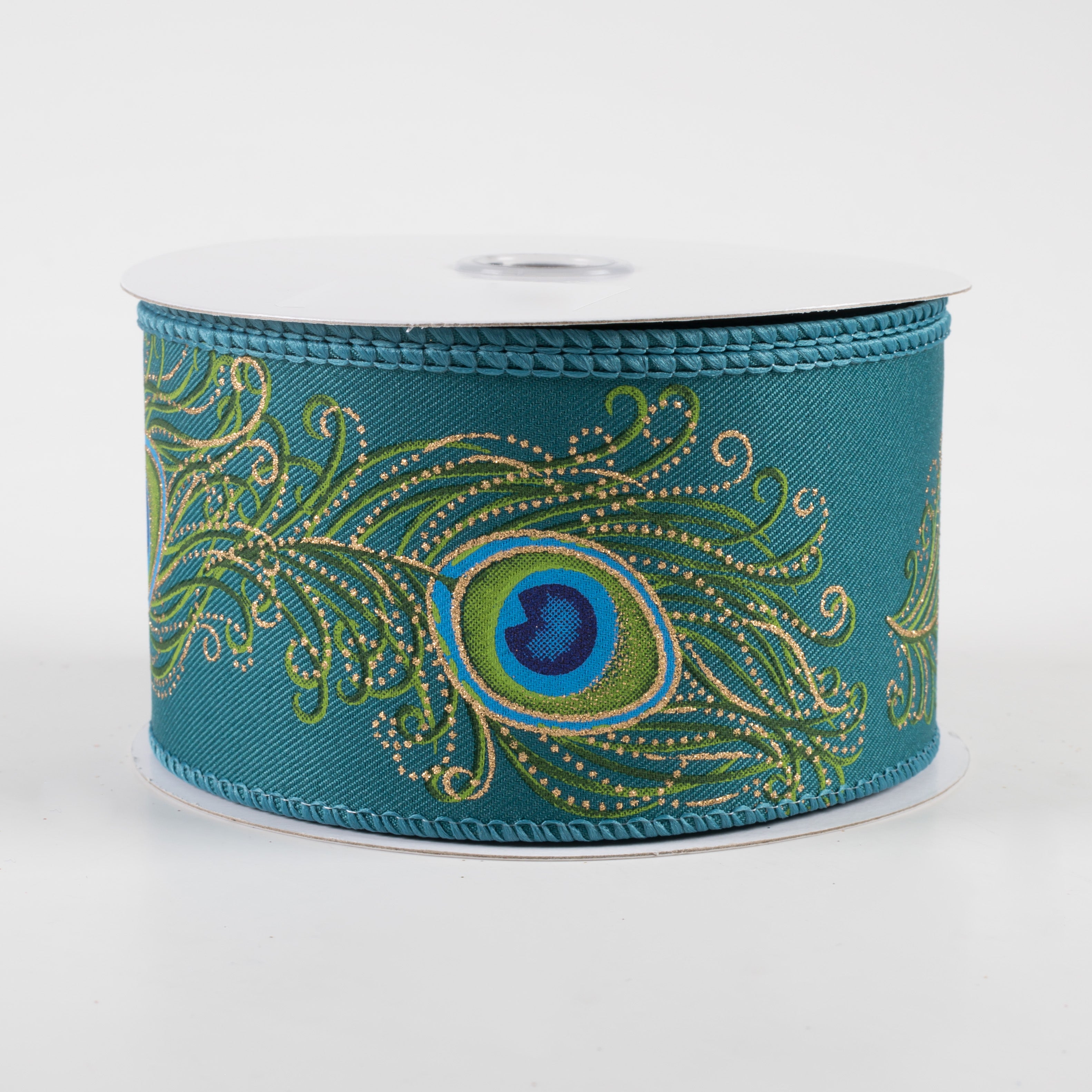 2.5" Peacock Feather Ribbon: Dark Teal, Green, Blue, Gold (10 Yards)