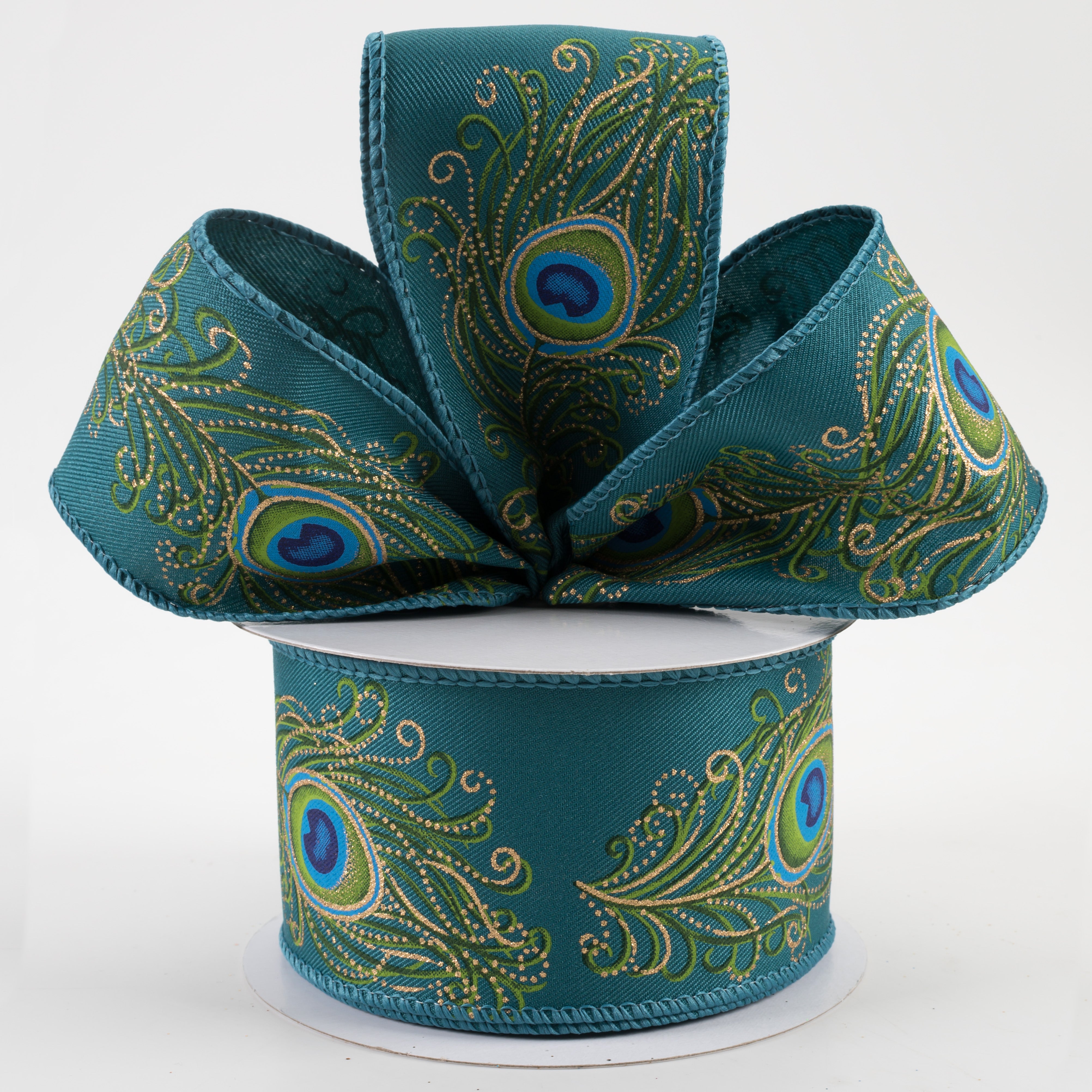2.5" Peacock Feather Ribbon: Dark Teal, Green, Blue, Gold (10 Yards)