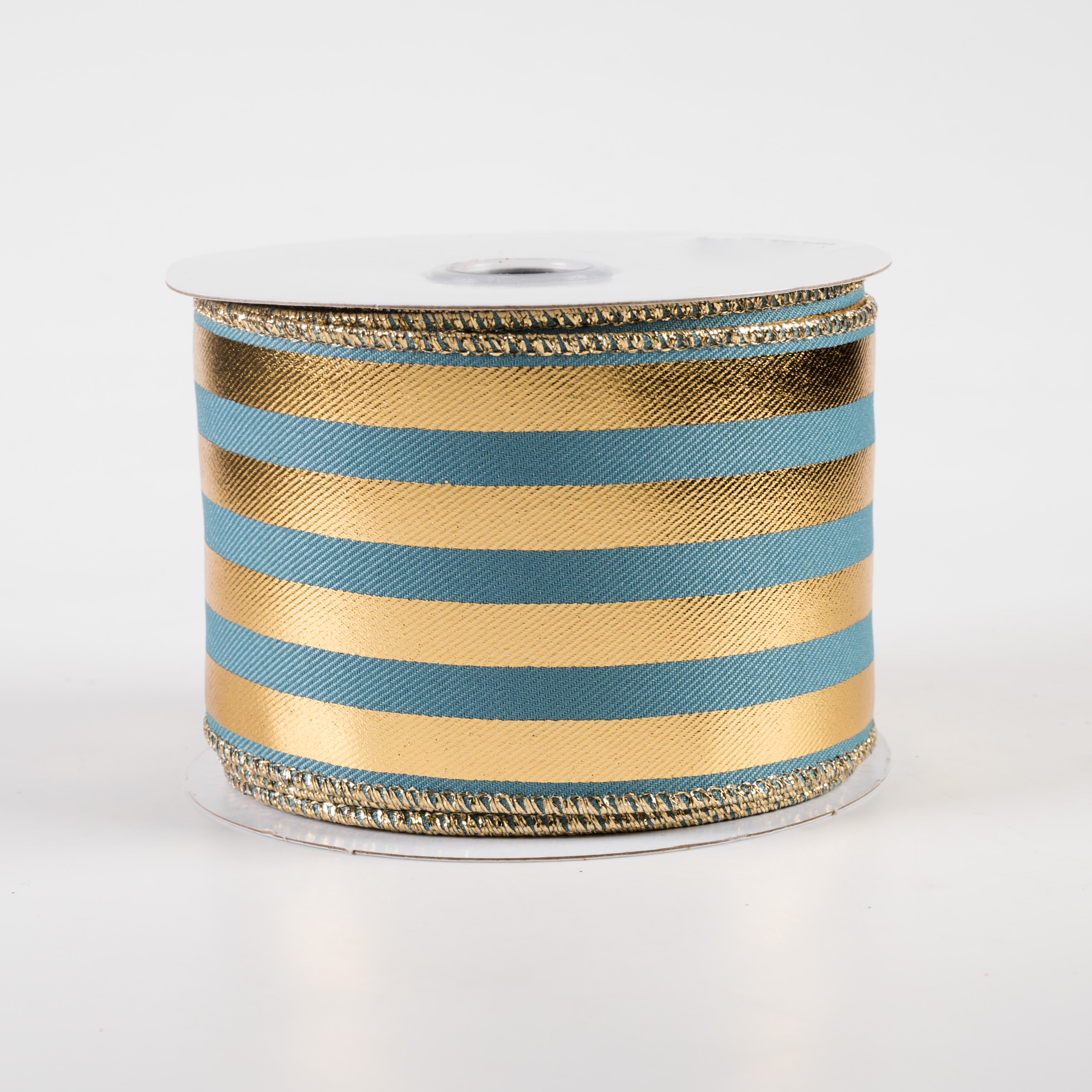 2.5" Metallic Vertical Stripes Ribbon: Smoke Blue & Gold (10 Yards)