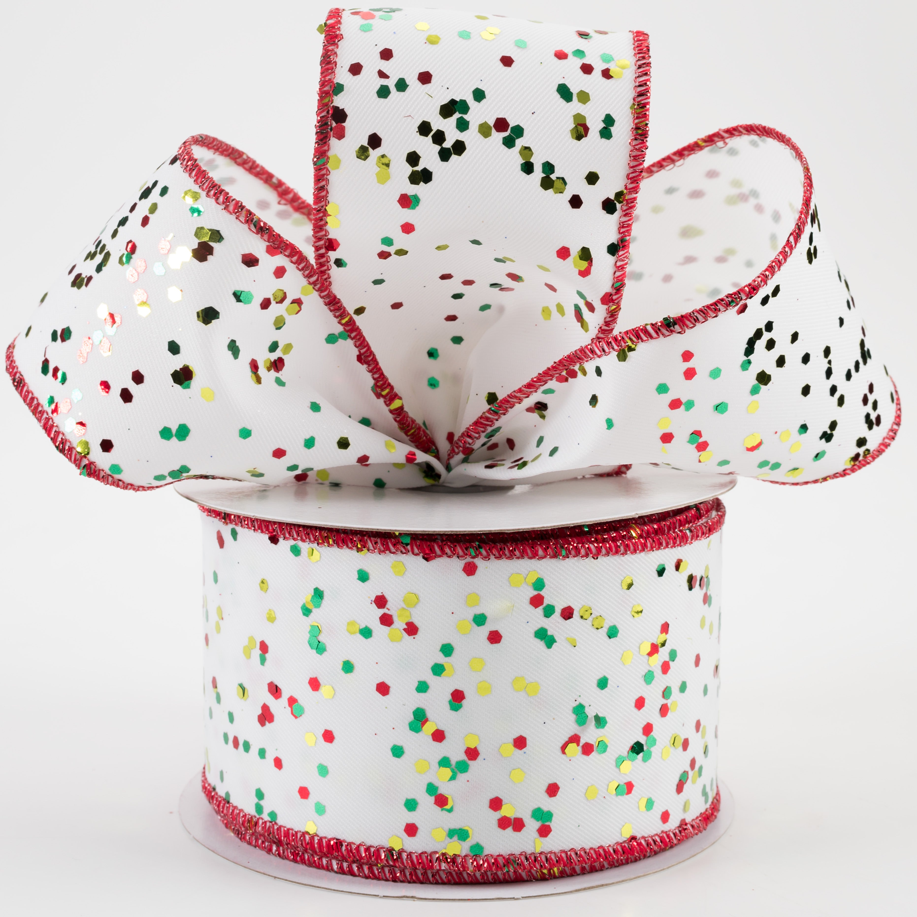 2.5" Sprinkled Hex Glitter Ribbon: Christmas on White (10 Yards)