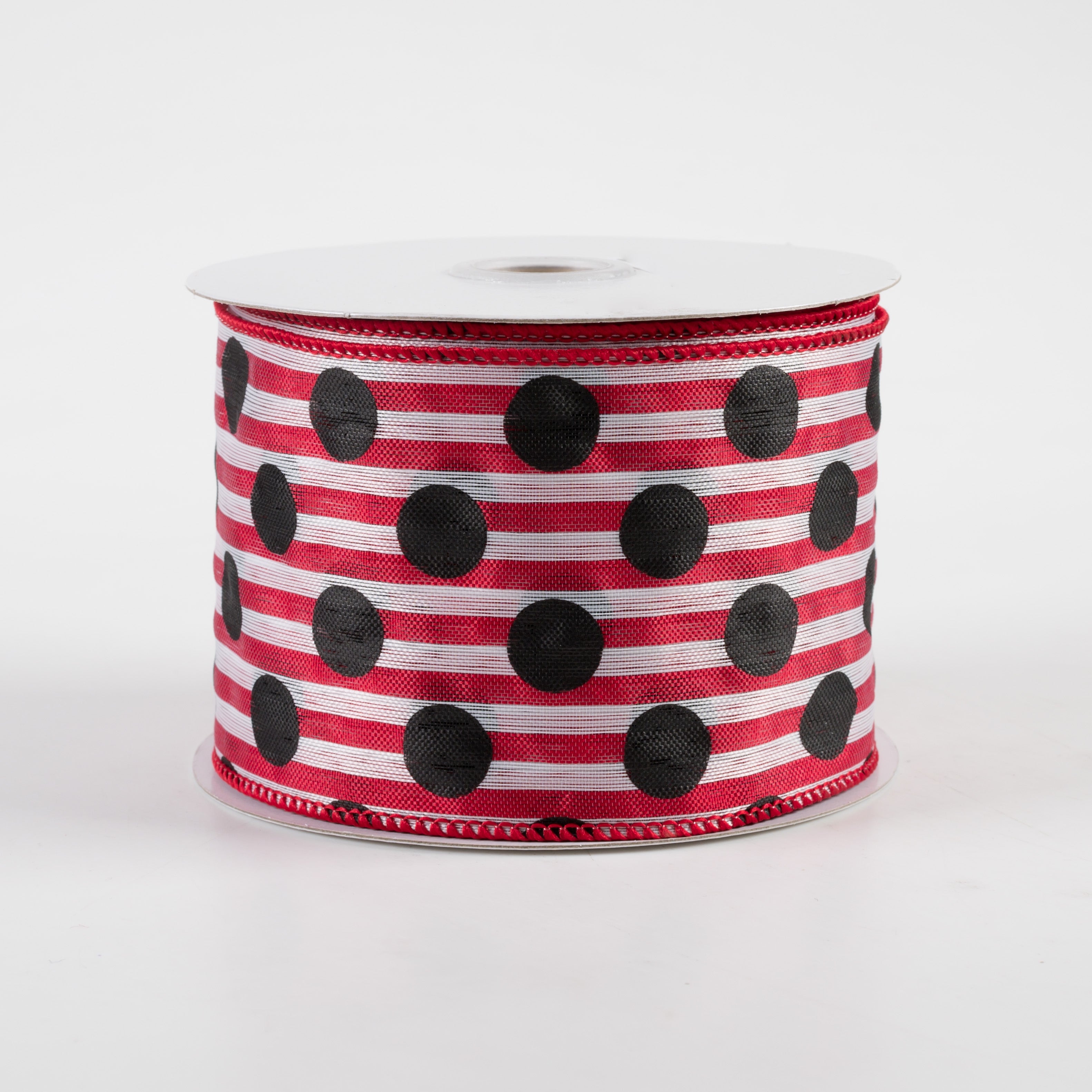 2.5" Medium Polka Dots Woven Stripe Ribbon: Red, White, Black (10 Yards)
