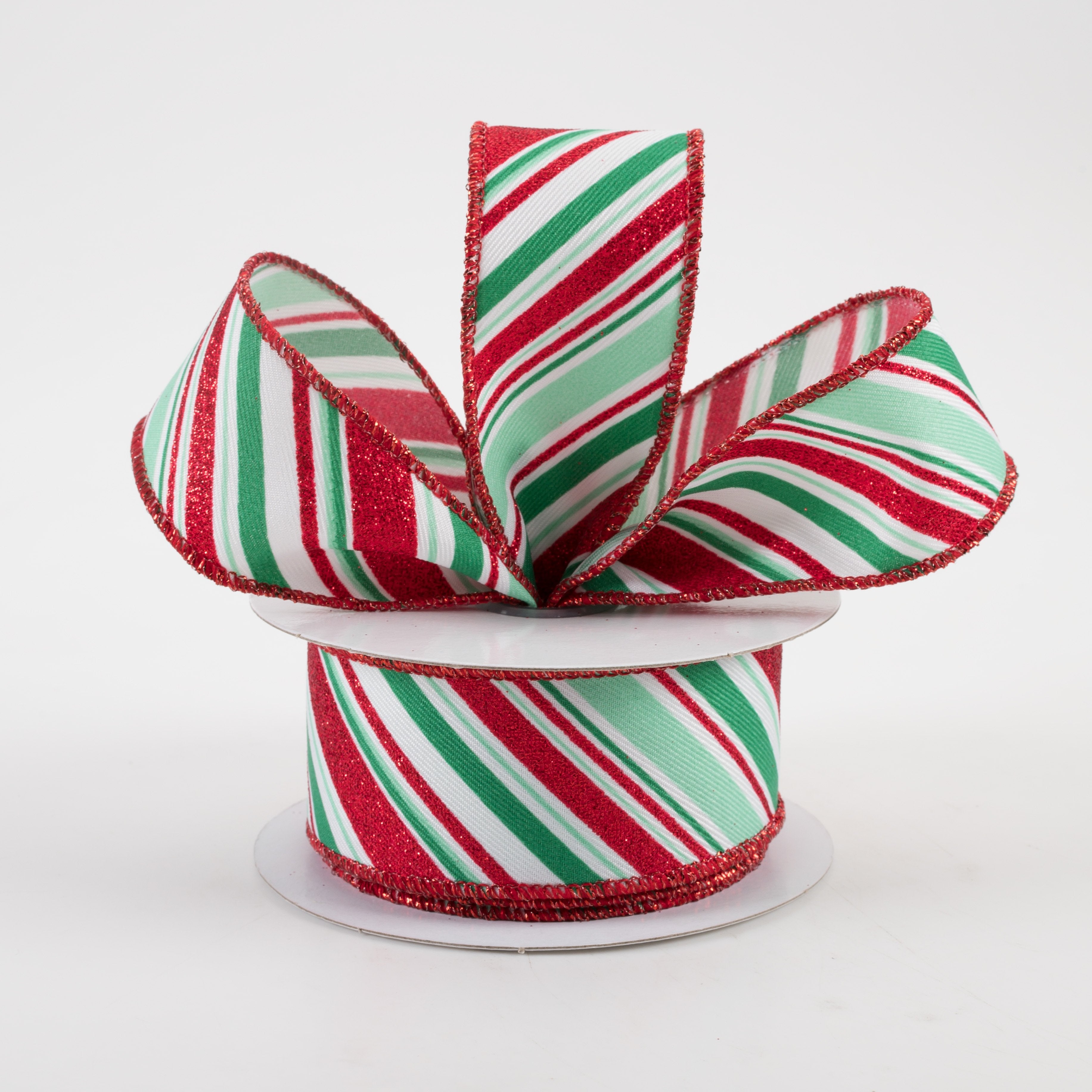 1.5" Diagonal Stripe Ribbon: White, Mint, Jade, Red (10 Yards)