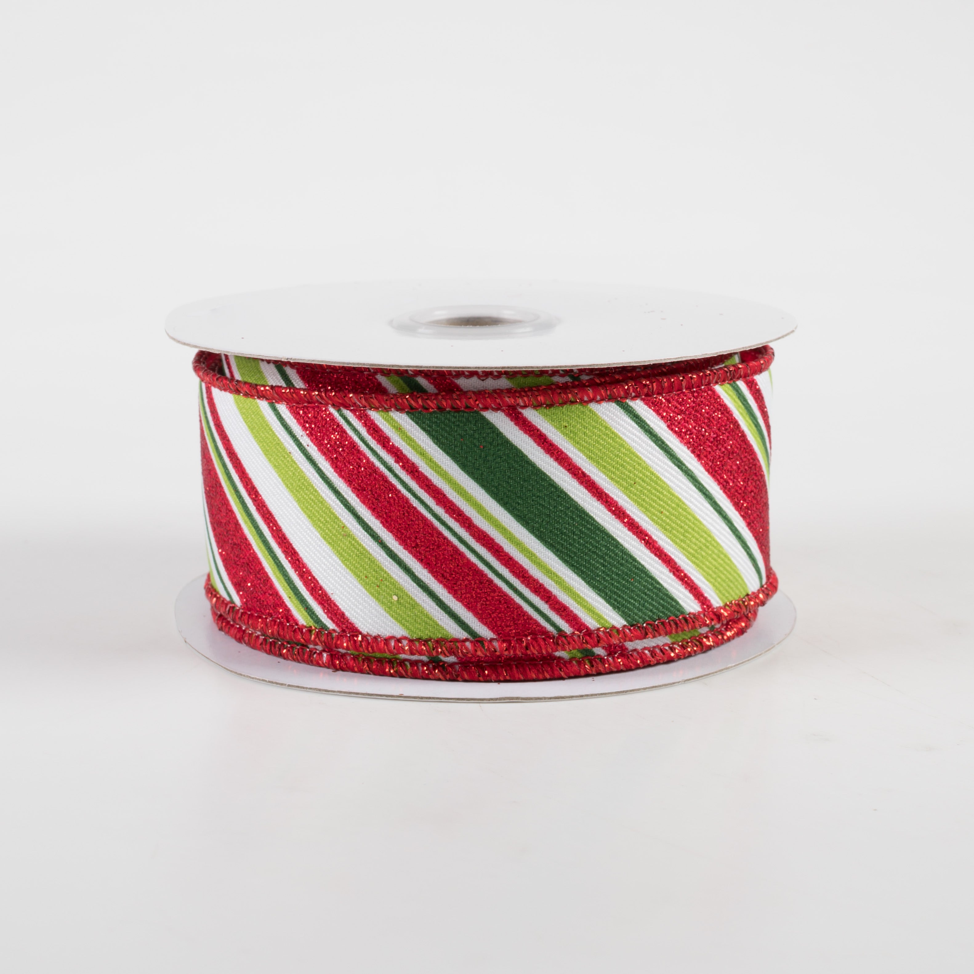 1.5" Diagonal Stripe Ribbon: White, Emerald, Lime, Red (10 Yards)