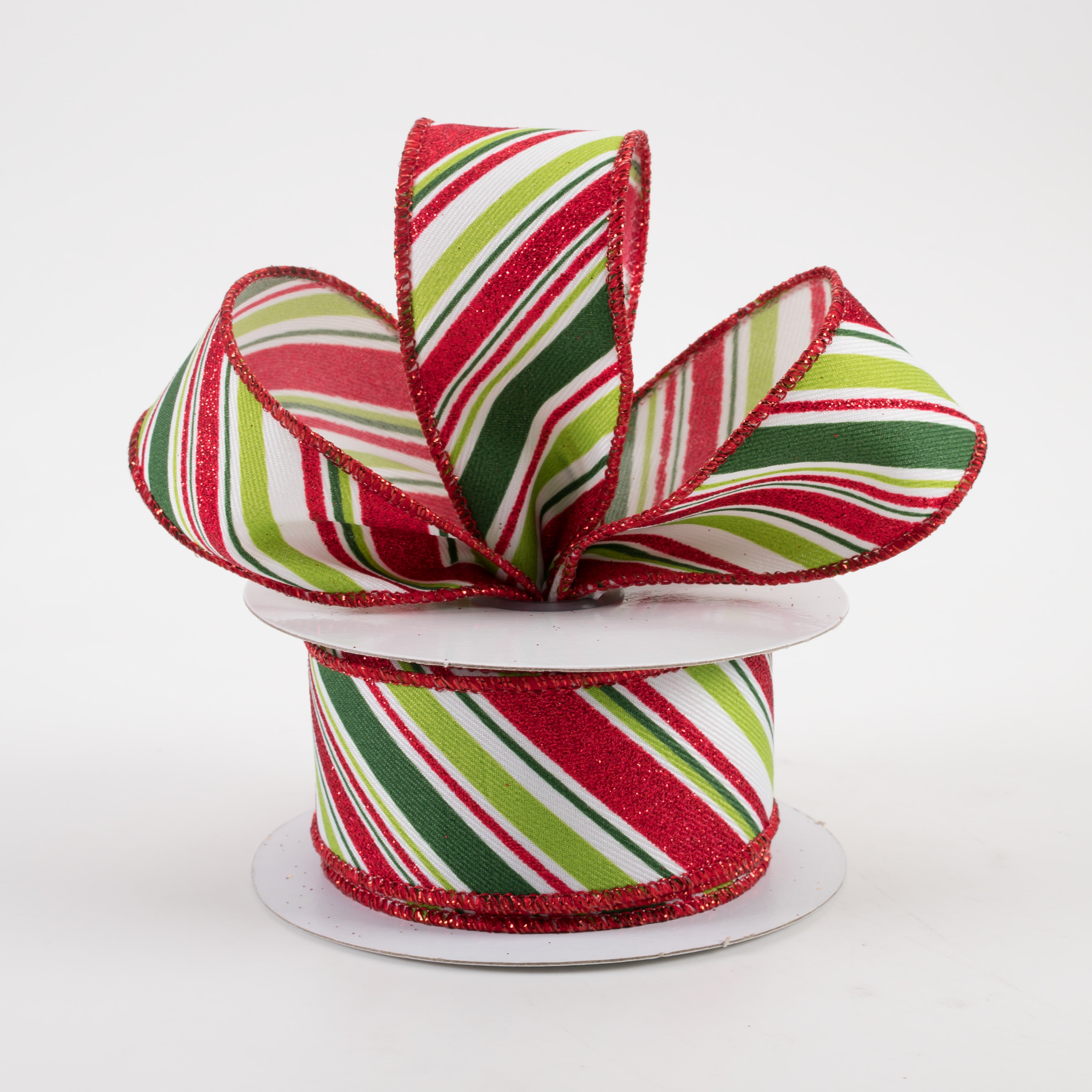 1.5" Diagonal Stripe Ribbon: White, Emerald, Lime, Red (10 Yards)