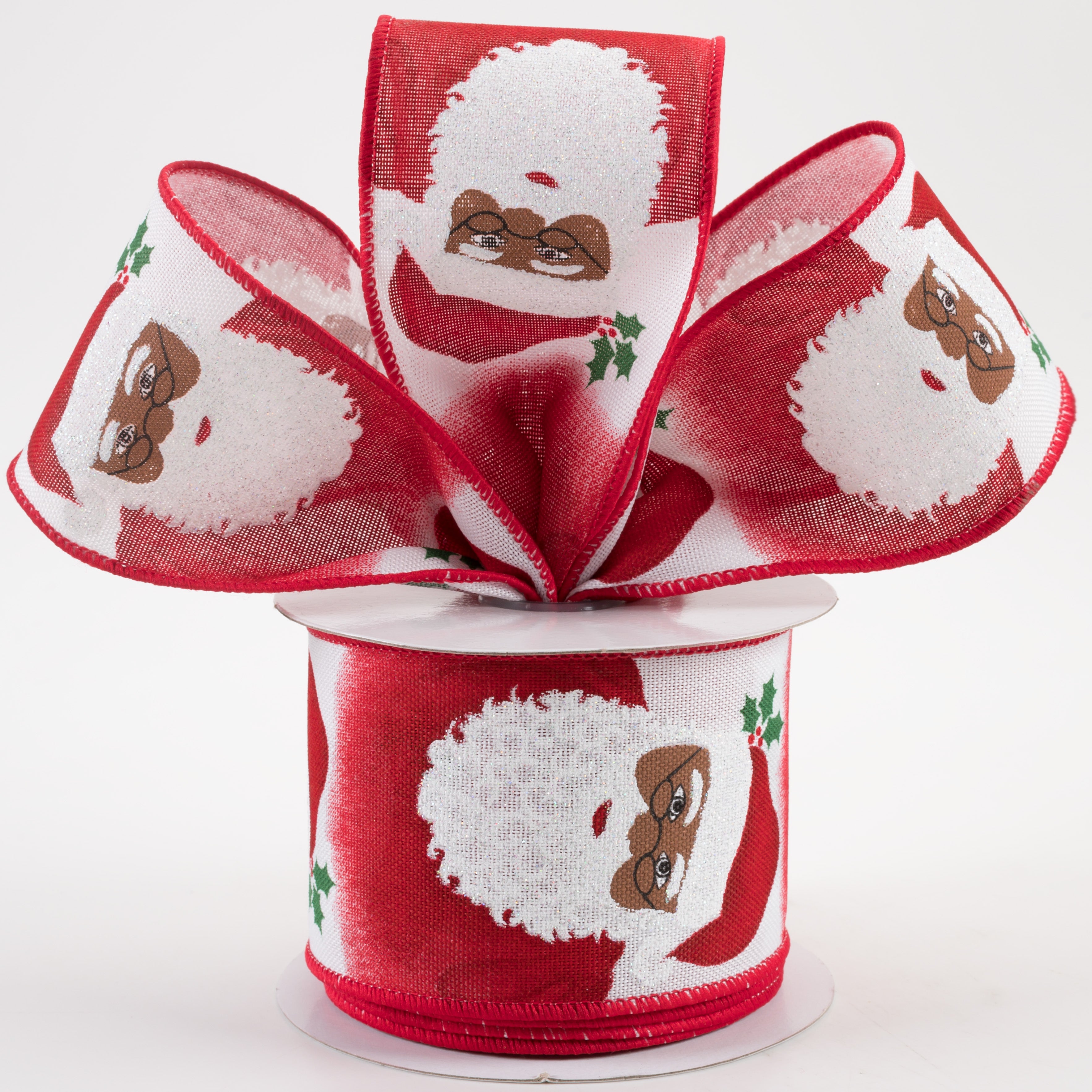 2.5" Kind Santa Face Ribbon: Brown, Red, Green (10 Yards)