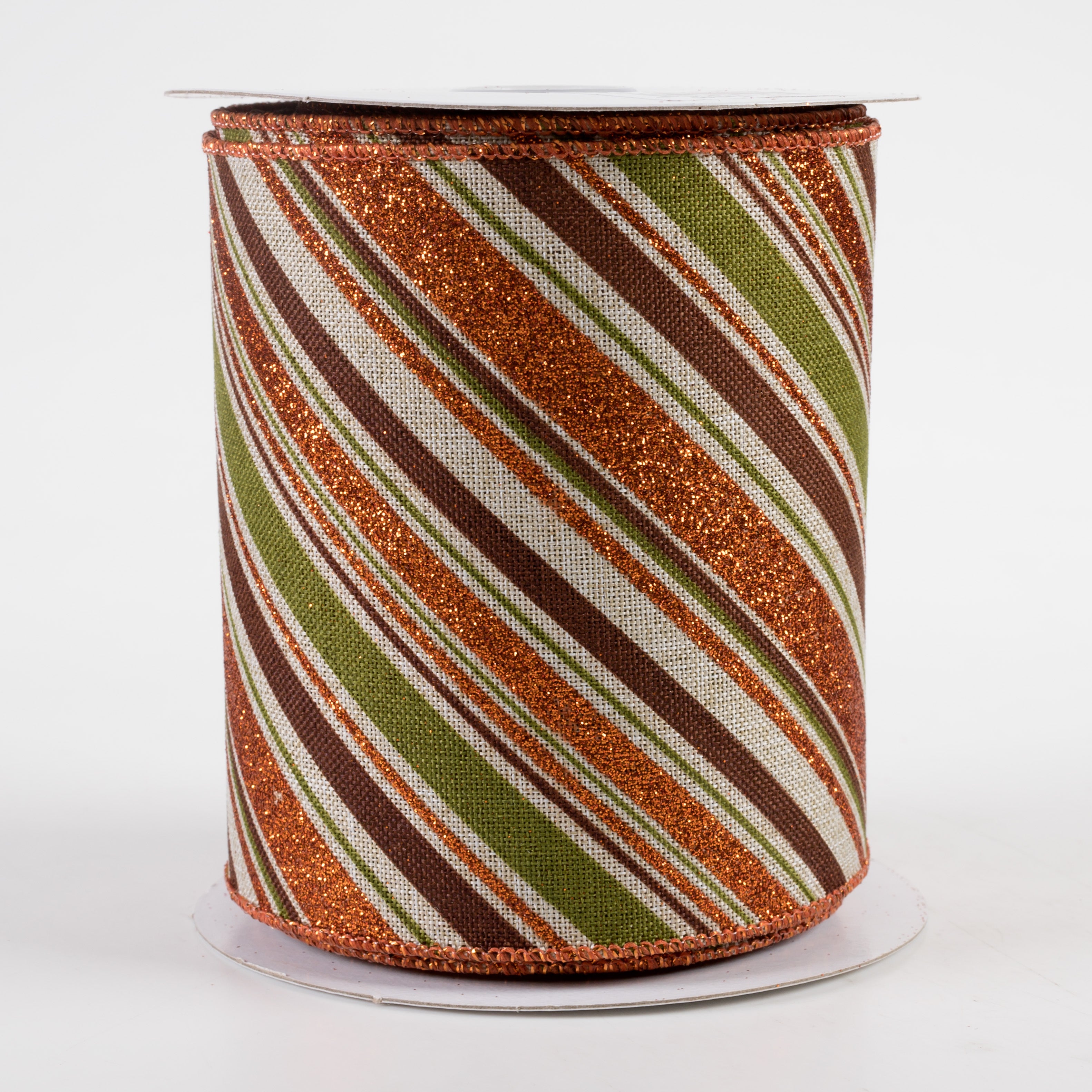 4" Diagonal Glitter Stripe Ribbon: Light Natural, Moss, Brown, Orange (10 Yards)