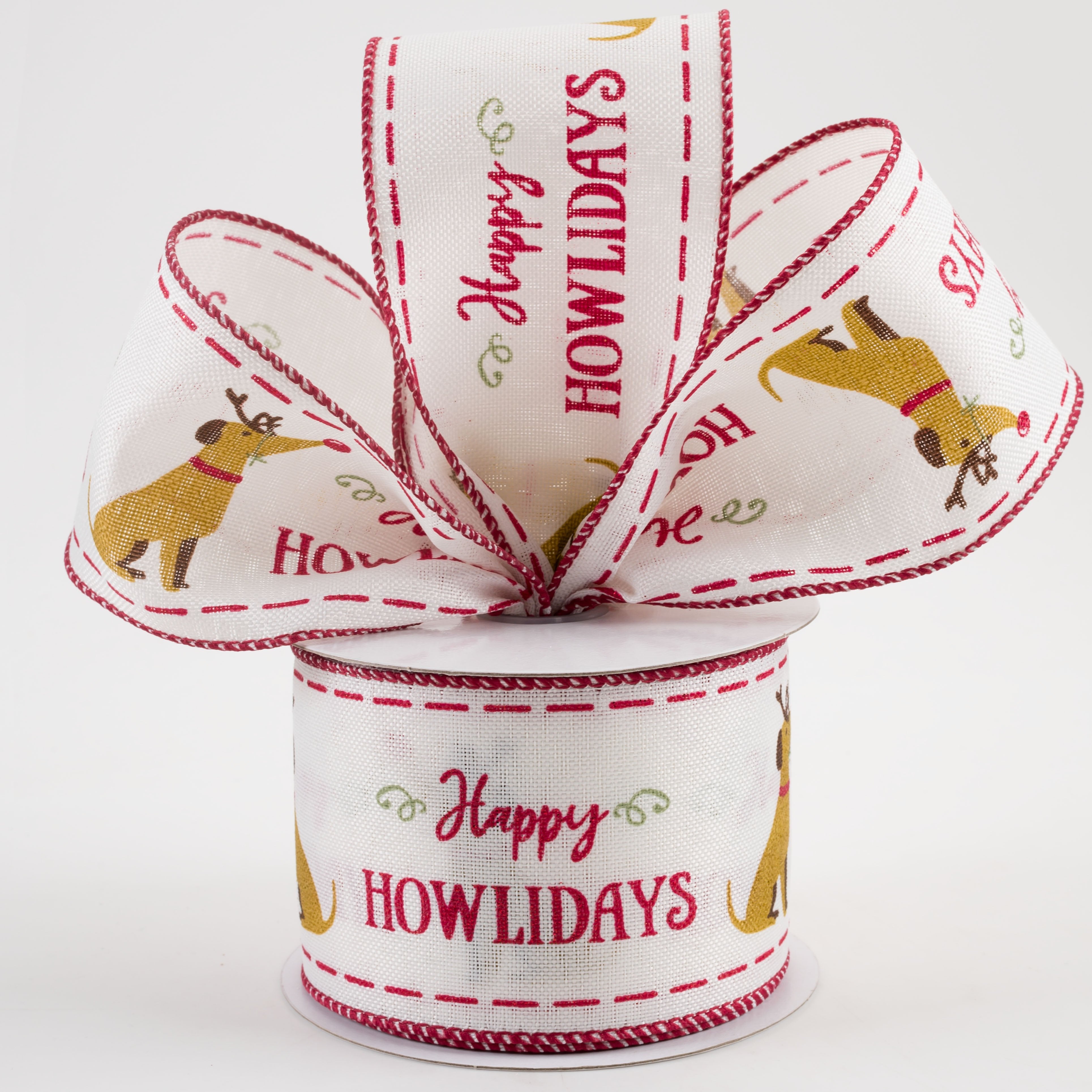 2.5" Linen Dog Glitter Happy Howlidays Ribbon: Ivory & Red (10 Yards)