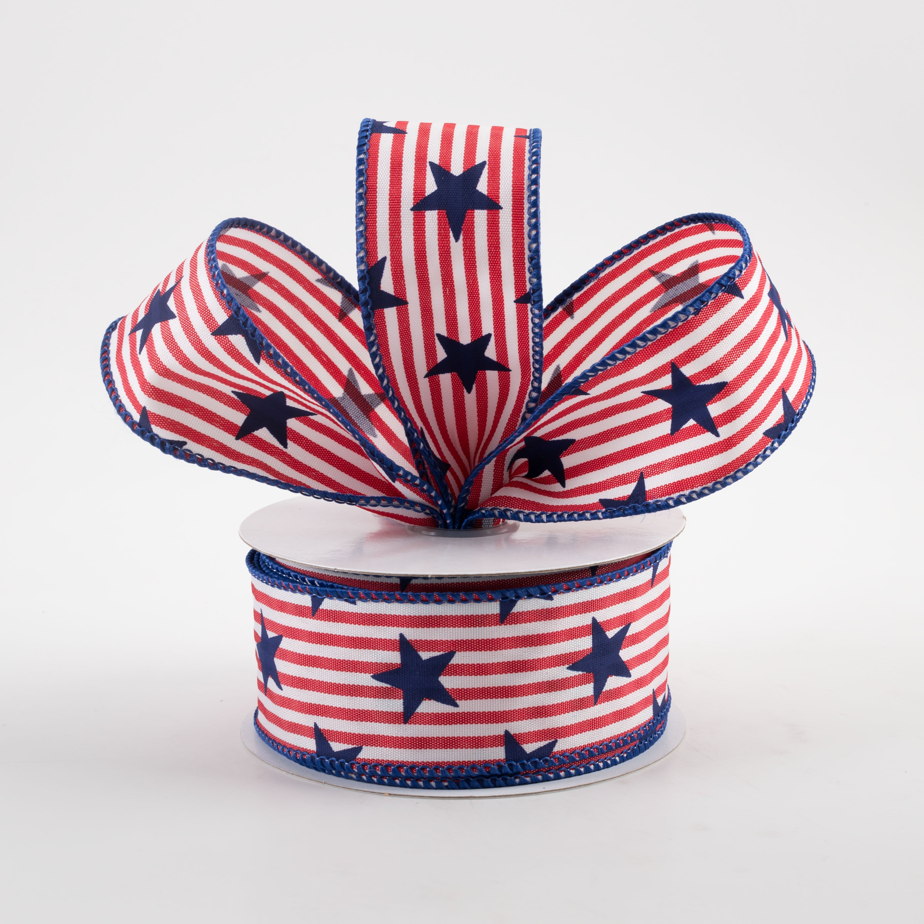 1.5" Stars on Woven Stripe Ribbon: Red, White, Navy (10 Yards)