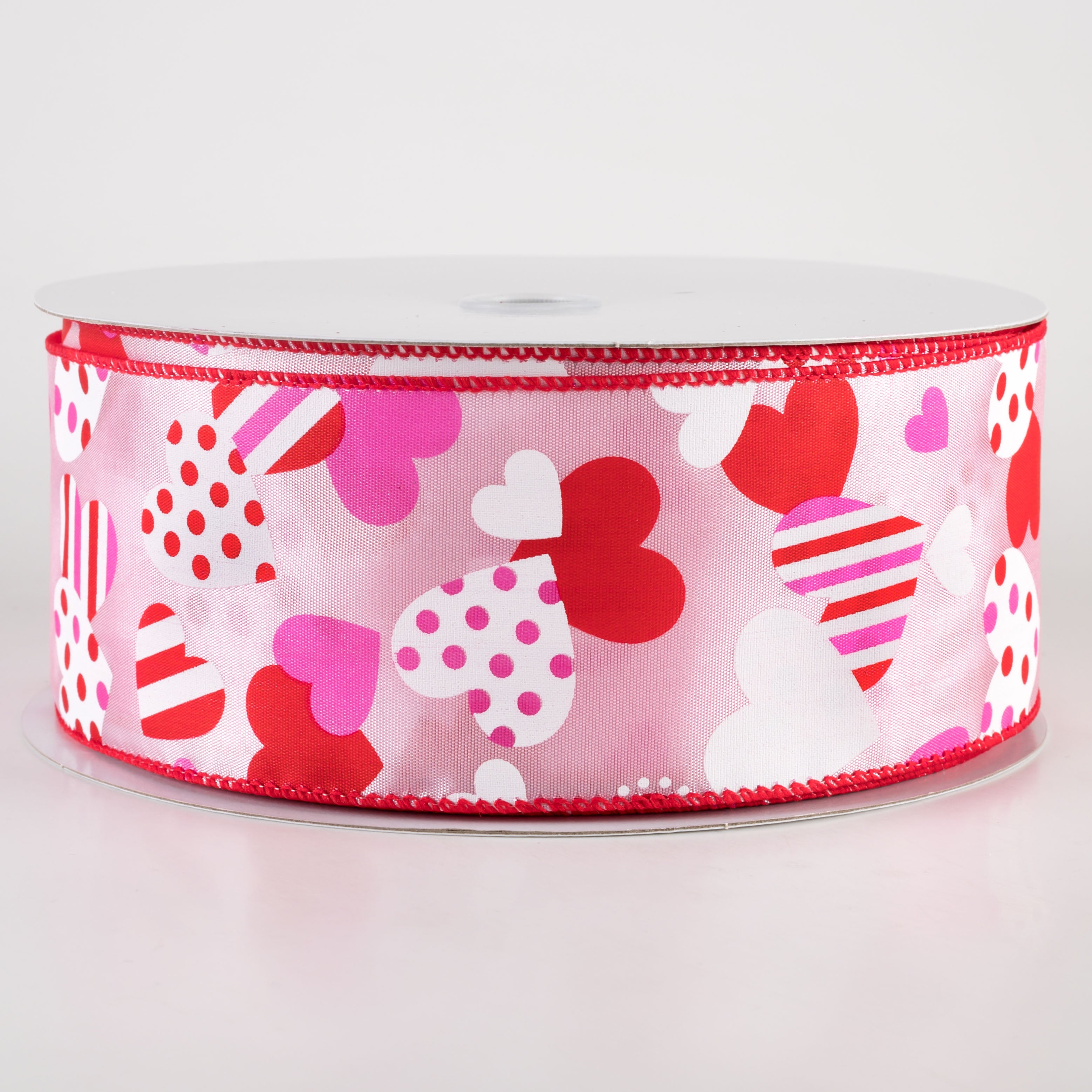 2.5" Maloney Dots & Stripes Hearts Ribbon: Pink (50 Yards)
