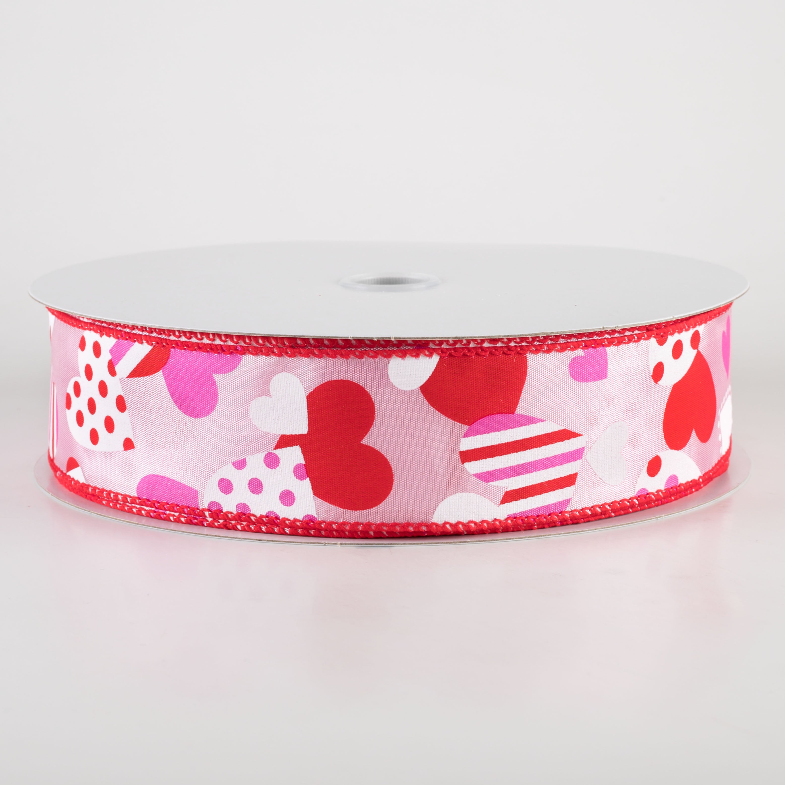 1.5" Maloney Dots & Stripes Hearts Ribbon: Pink (50 Yards)