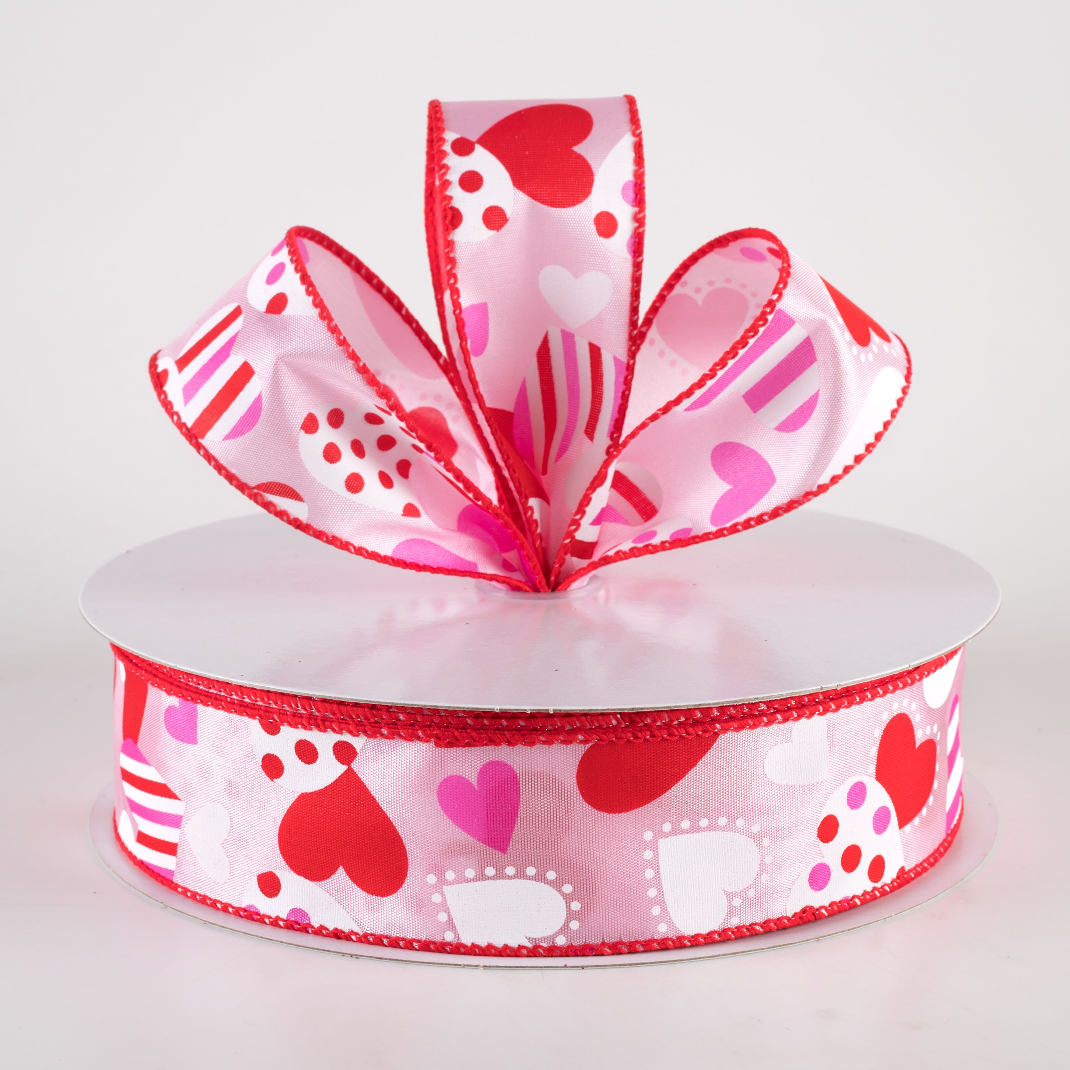 1.5" Maloney Dots & Stripes Hearts Ribbon: Pink (50 Yards)