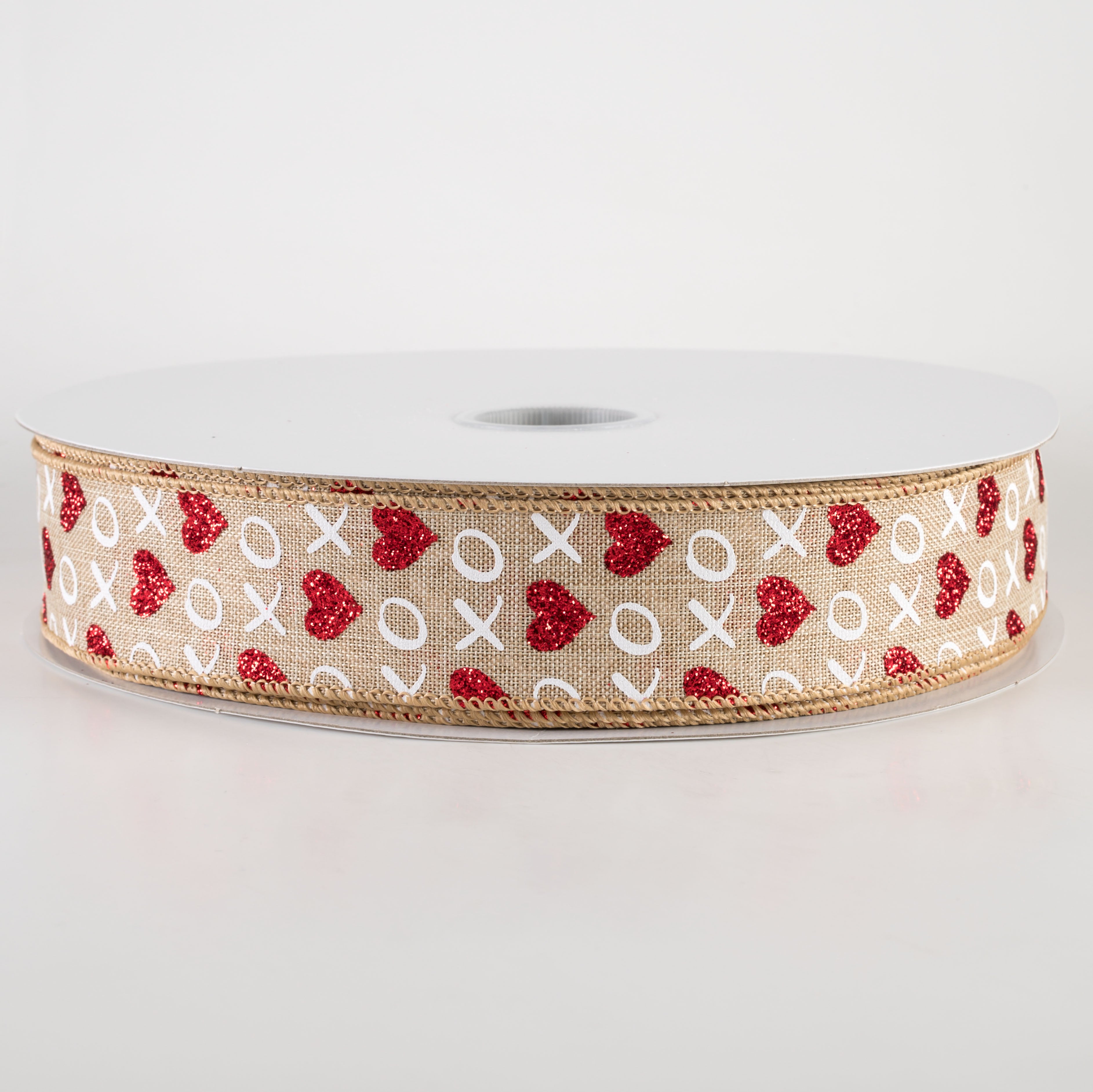 1.5" Linen Glittered XOXO Hearts Ribbon: Natural (50 Yards)