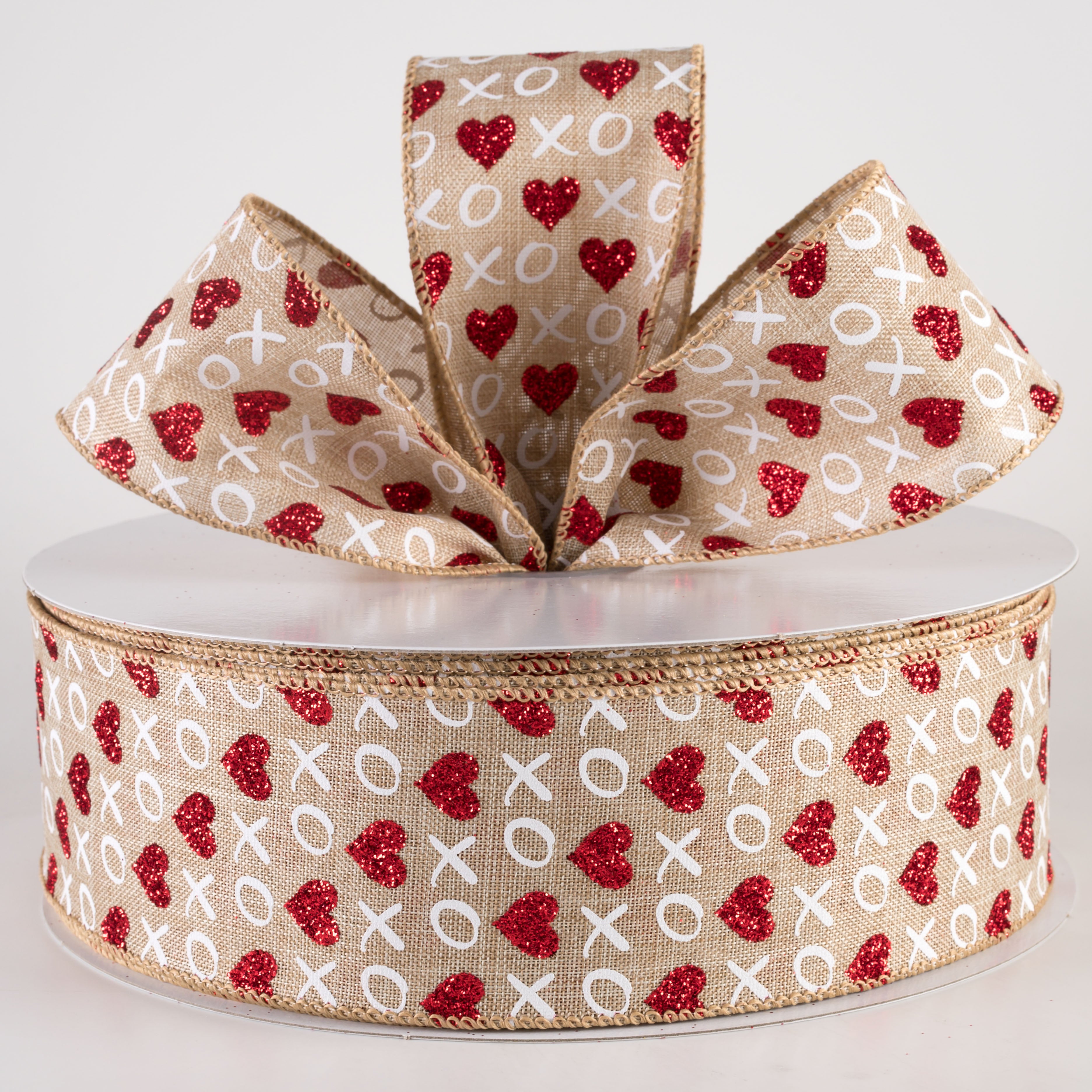 2.5" Linen Glittered XOXO Hearts Ribbon: Natural (50 Yards)