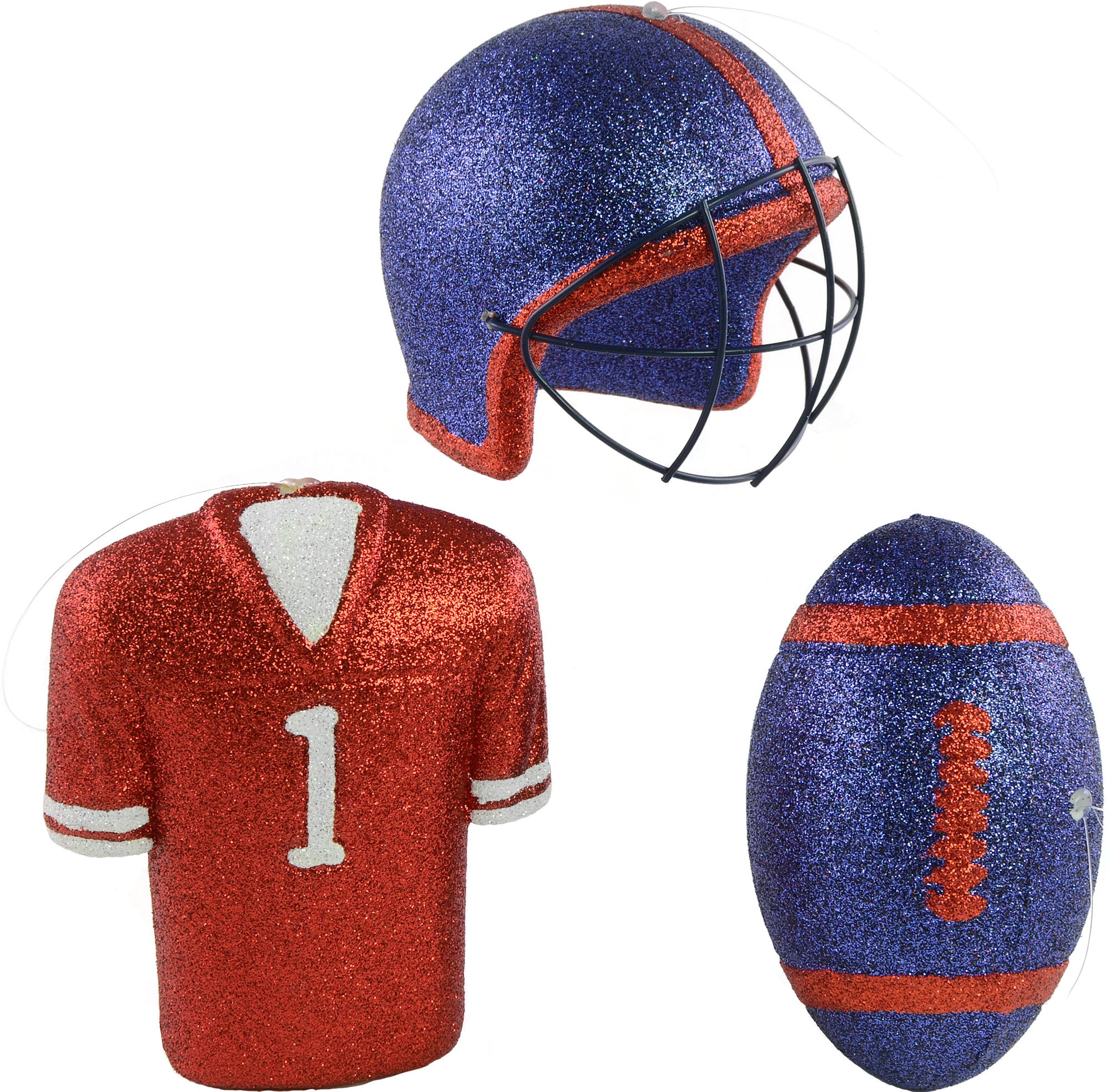 Glitter Football Ornament Assortment: Red & Navy Blue (Set of 3)