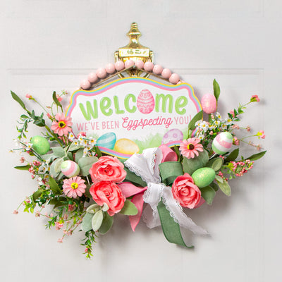 12" Scalloped Wood Sign: Welcome EGGspecting You