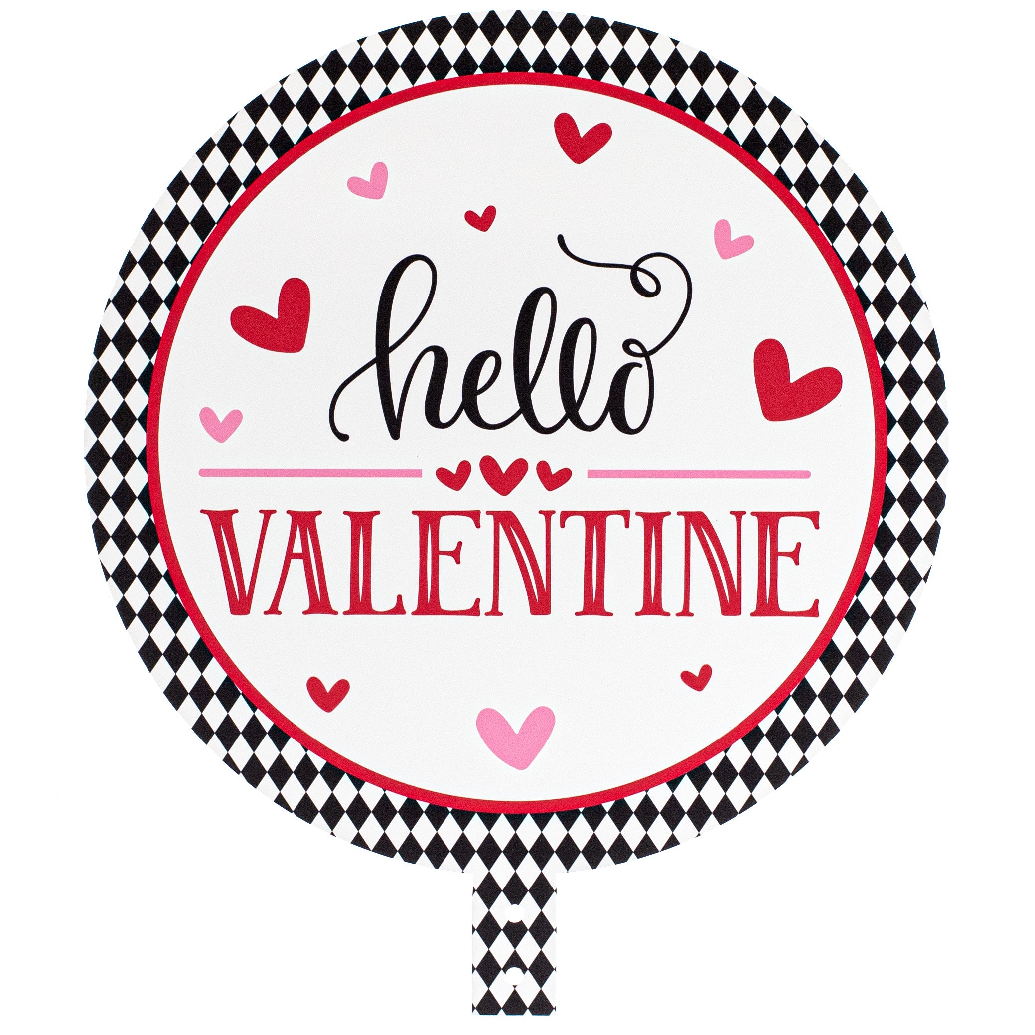 14" Round Waterproof BowTie Sign™: Hello Valentine Harlequin
