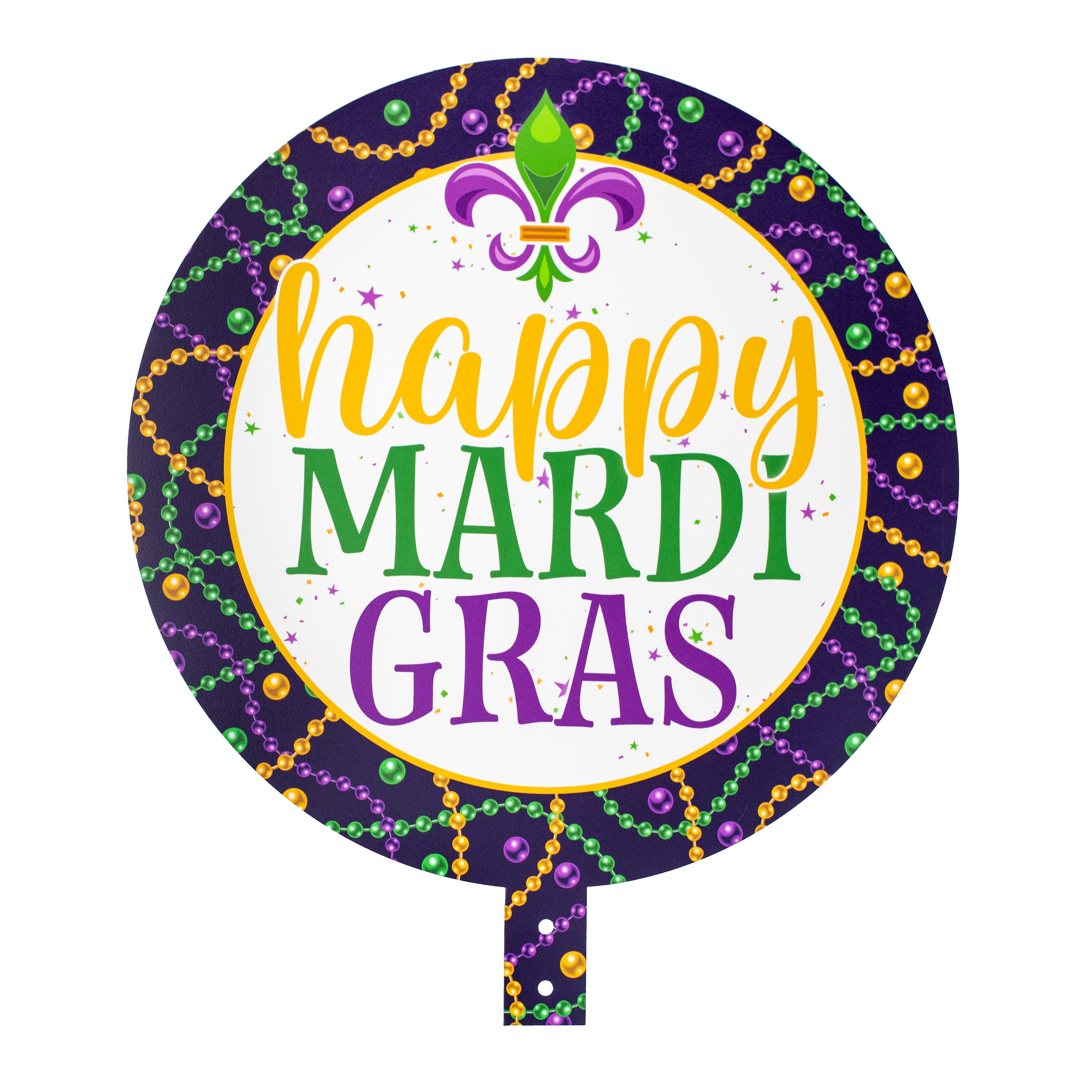 12" Round Waterproof BowTie Sign: Happy Mardi Gras Beads