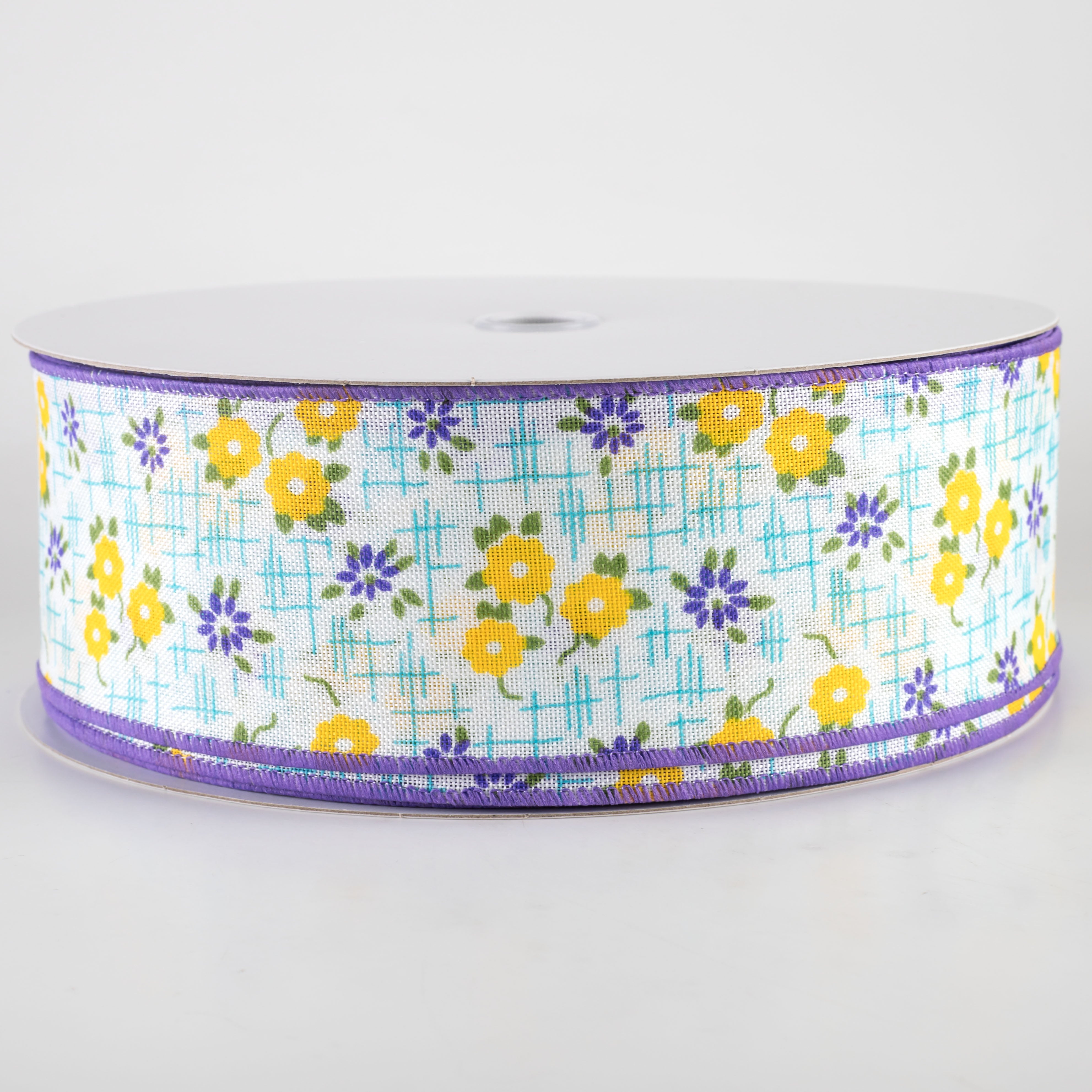 2.5" Linen Textured Flowers Ribbon: Purple, Yellow, Aqua Blue (50 Yards)