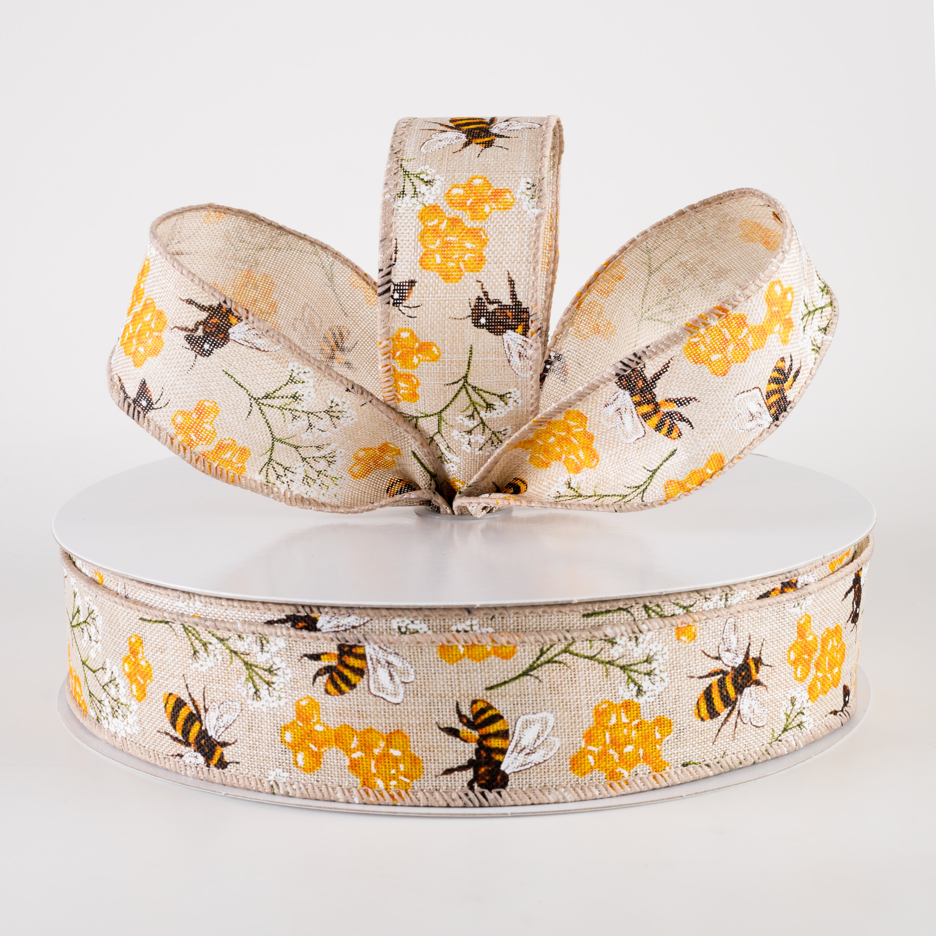 1.5" Linen Bees, Honeycomb, Baby's Breath Ribbon: Natural (50 Yards)