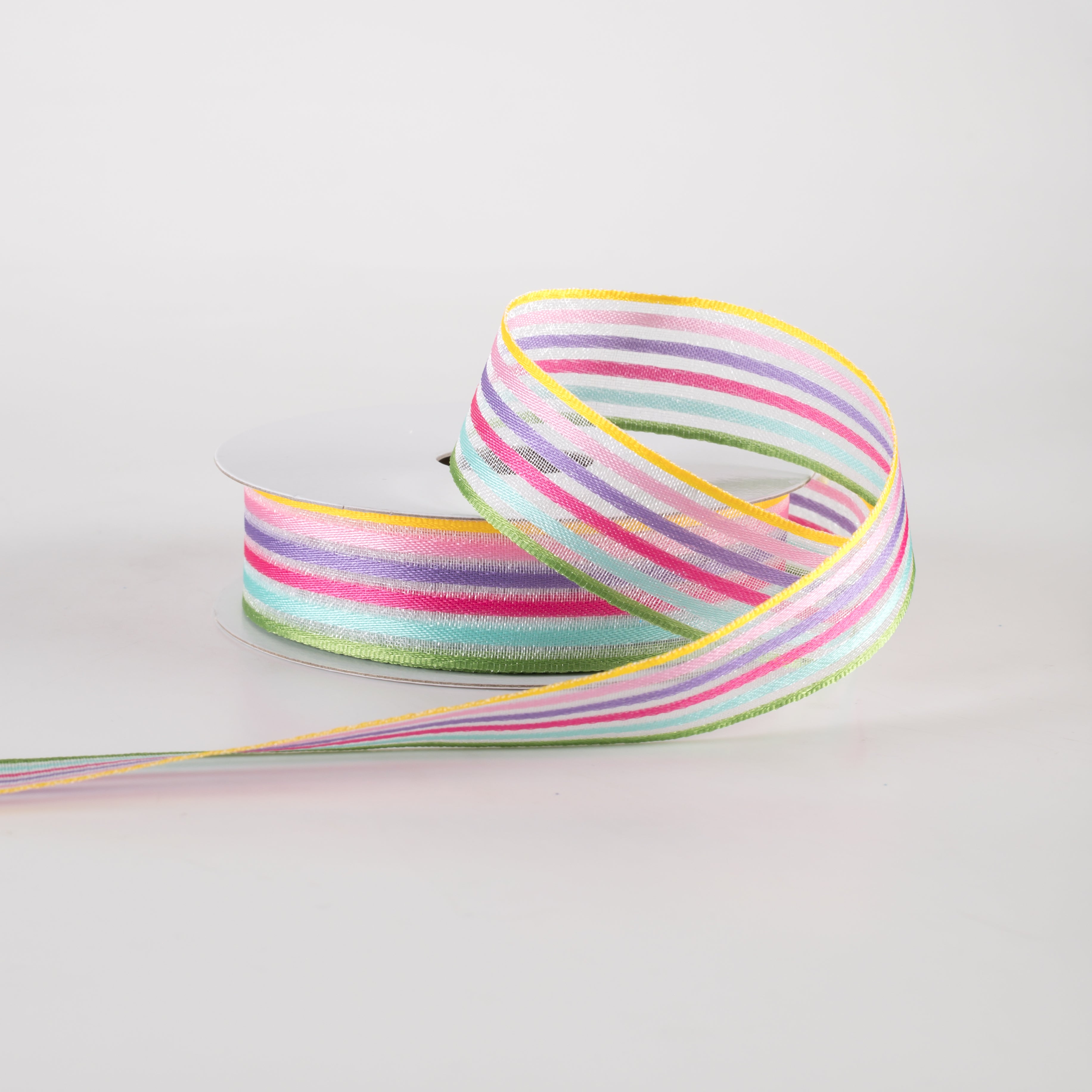 7/8" Pastel Rainbow Stripes White Sheer Woven Ribbon (10 Yards)
