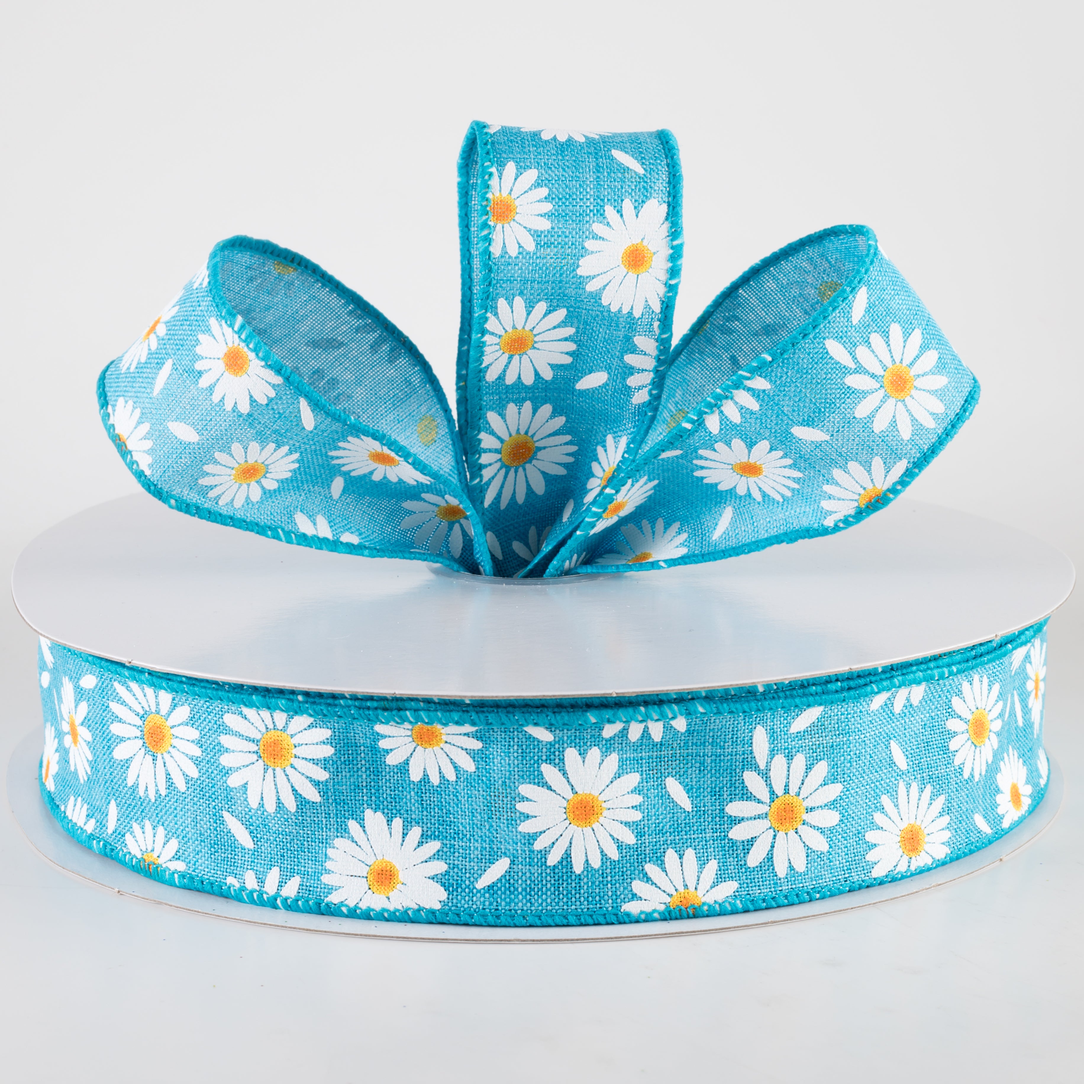 1.5" Linen Daisies & Petals Ribbon: Turquoise Blue (50 Yards)