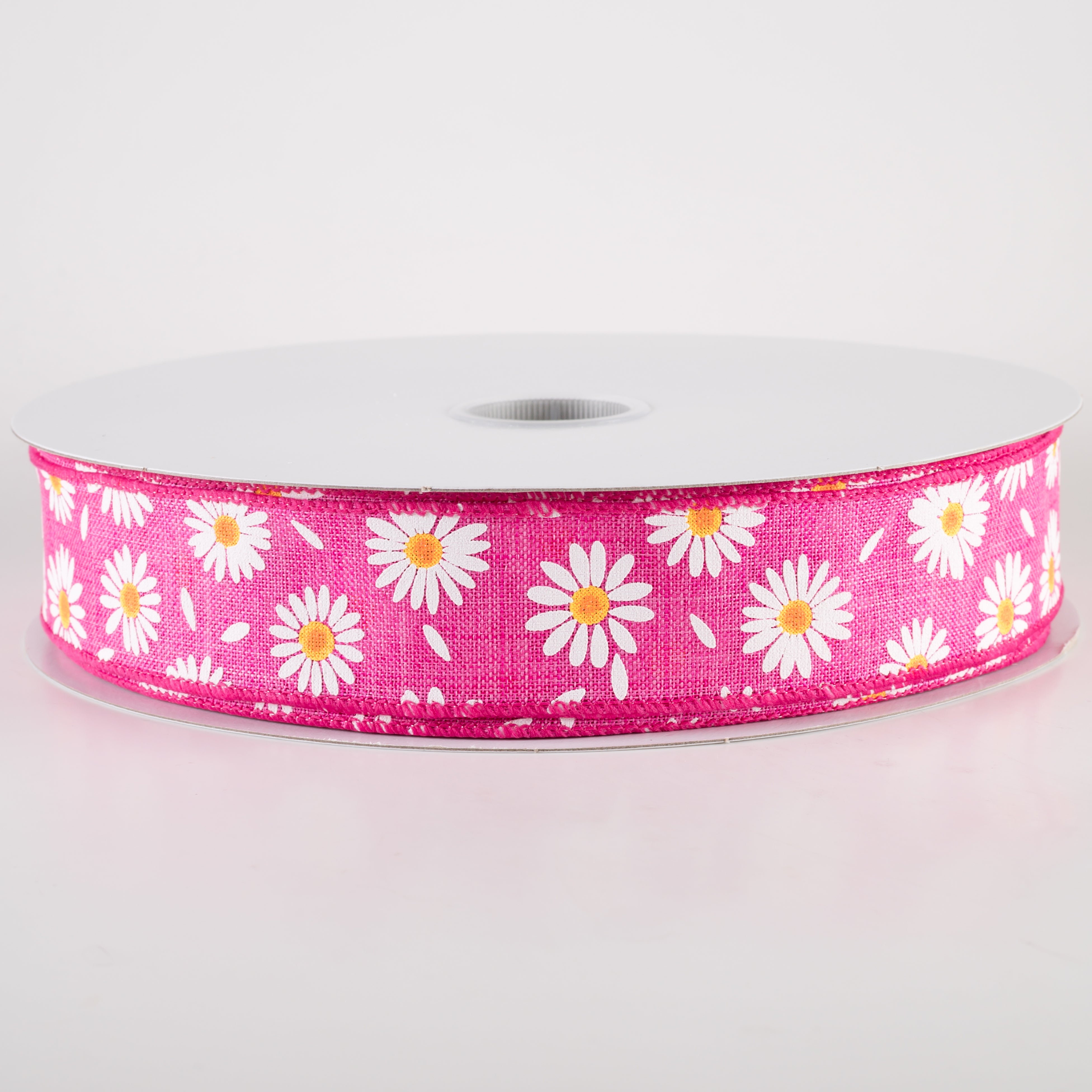 1.5" Linen Daisies & Petals Ribbon: Fuchsia Pink (50 Yards)